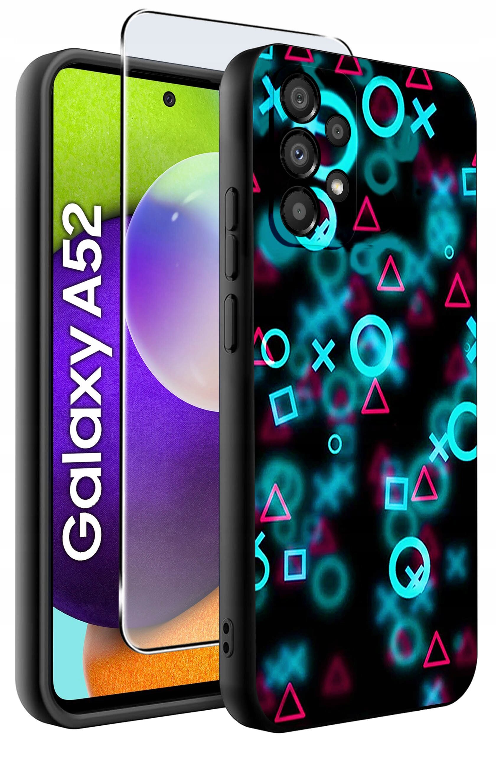 Obraz przedstawia etui na telefon Samsung A52 z kolorowym wzorem geometrycznych kształtów na czarnym tle. Obok etui widoczny jest telefon z napisem \'Galaxy A52\' na ekranie oraz szkło ochronne.