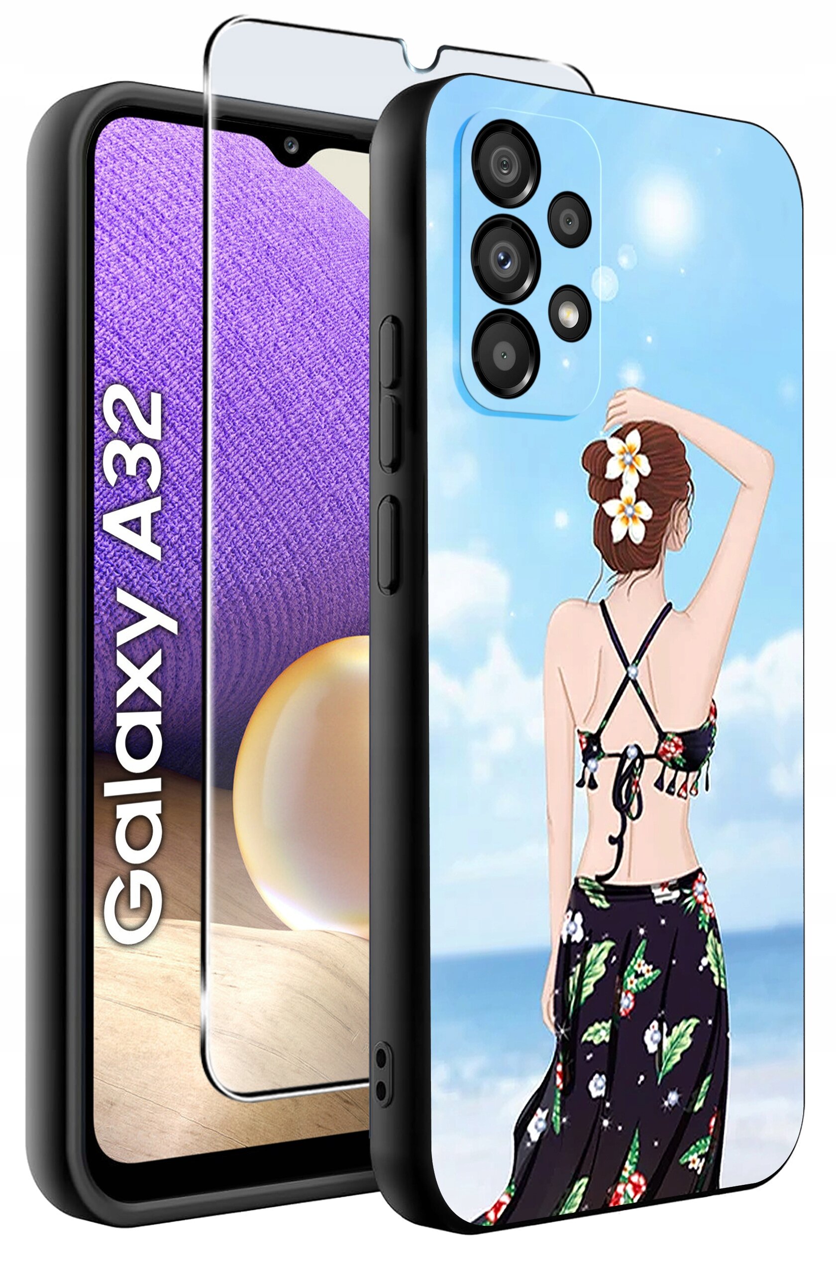 Etui na telefon z grafiką przedstawiającą kobietę na plaży, z kwiatami we włosach, w stroju kąpielowym i spódnicy. Obok widoczny jest napis \'Galaxy A32\' oraz szkło ochronne na ekran.