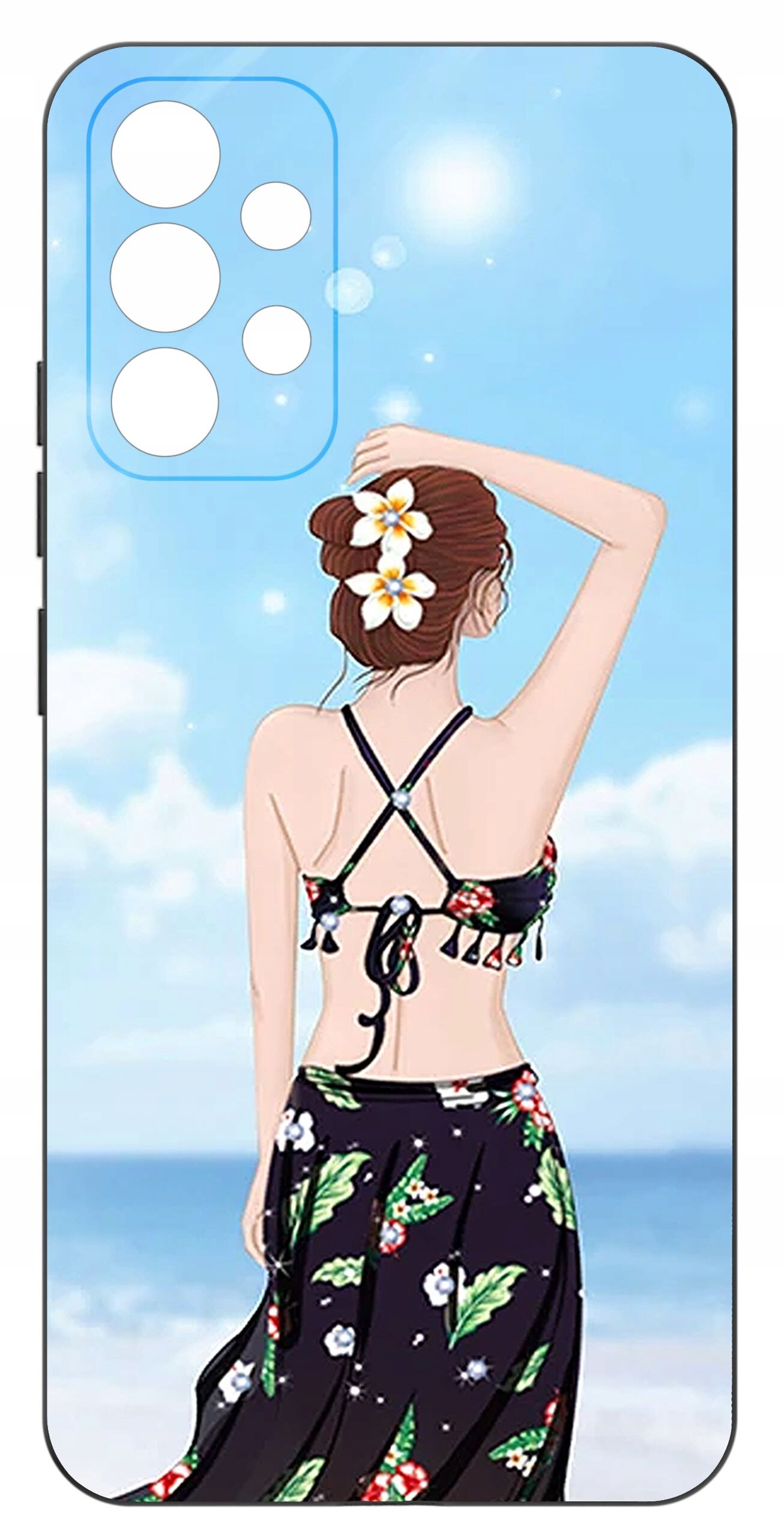 Etui na telefon z grafiką przedstawiającą kobietę w stroju kąpielowym na tle plaży i nieba. W lewym górnym rogu widoczne są otwory na aparat.