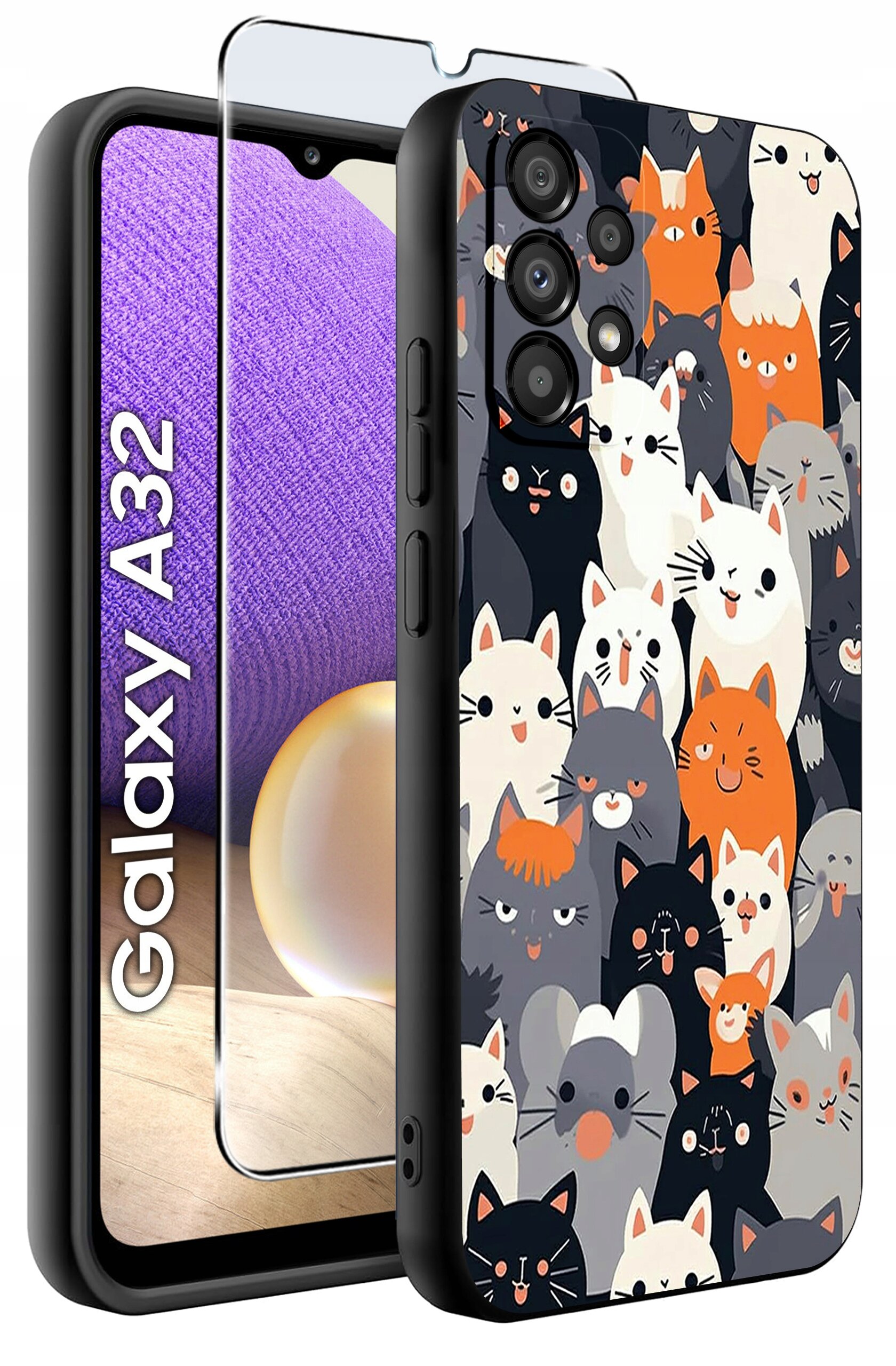 Obraz przedstawia etui na telefon z wzorem wielu kolorowych kotów oraz szkło ochronne. Na ekranie telefonu widoczny jest napis \'Galaxy A32\'.