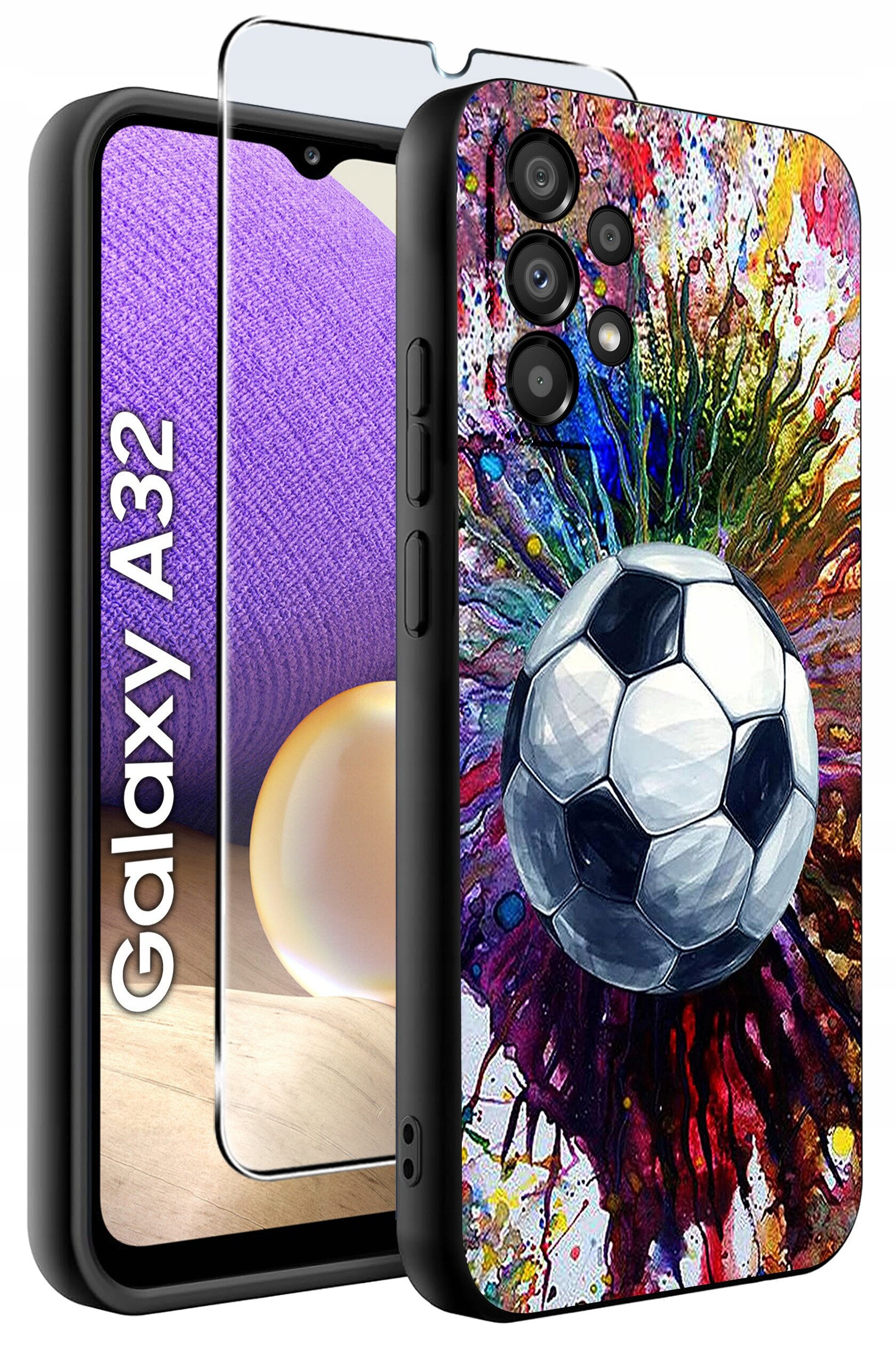 Etui na telefon z kolorowym wzorem piłki nożnej oraz szkło ochronne na ekran. Obok widoczny napis \'Galaxy A32\'.