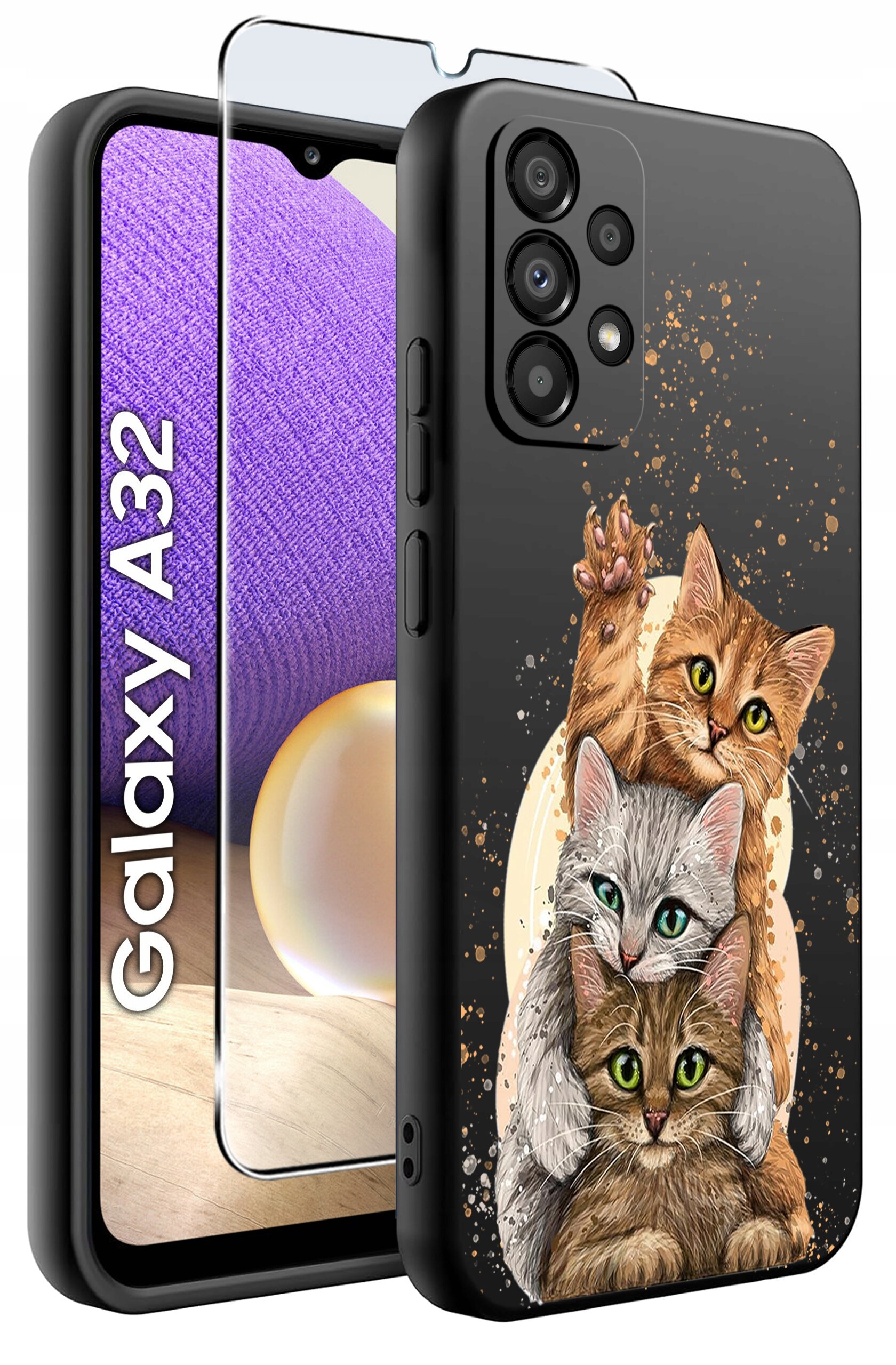 Etui na telefon z grafiką trzech kotów, jedno nad drugim, na tle czarnym z ozdobnymi plamkami. Obok widoczny jest telefon z napisem \'Galaxy A32\' oraz szkło ochronne.