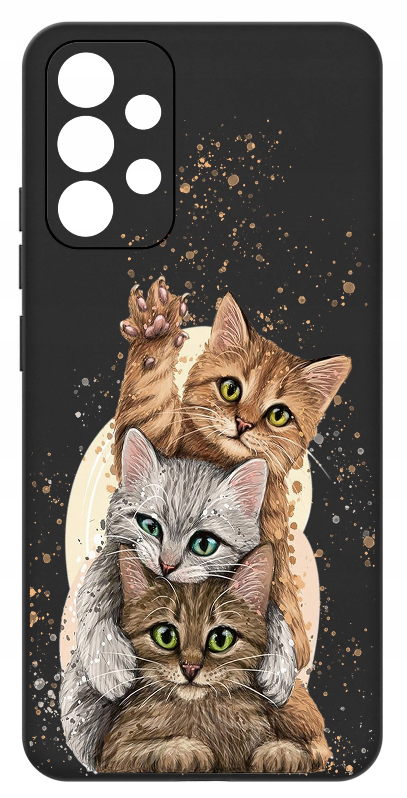 Etui na telefon z trzema rysunkowymi kotami na ciemnym tle, otoczonymi złotymi plamkami.