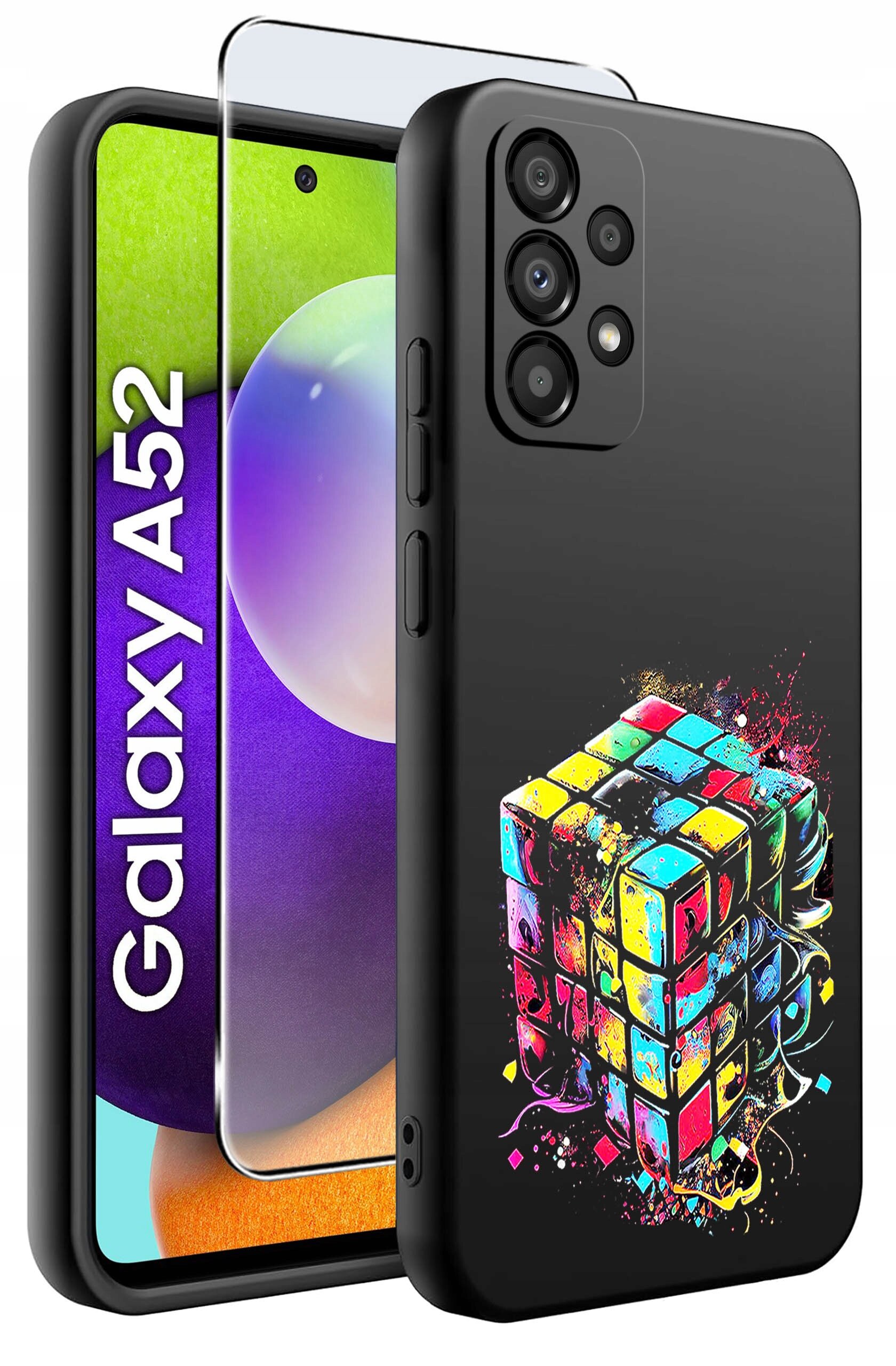 Obraz przedstawia etui na telefon z kolorowym wzorem przypominającym kostkę Rubika oraz szkło ochronne. Obok widoczny jest telefon z napisem \'Galaxy A52\'.
