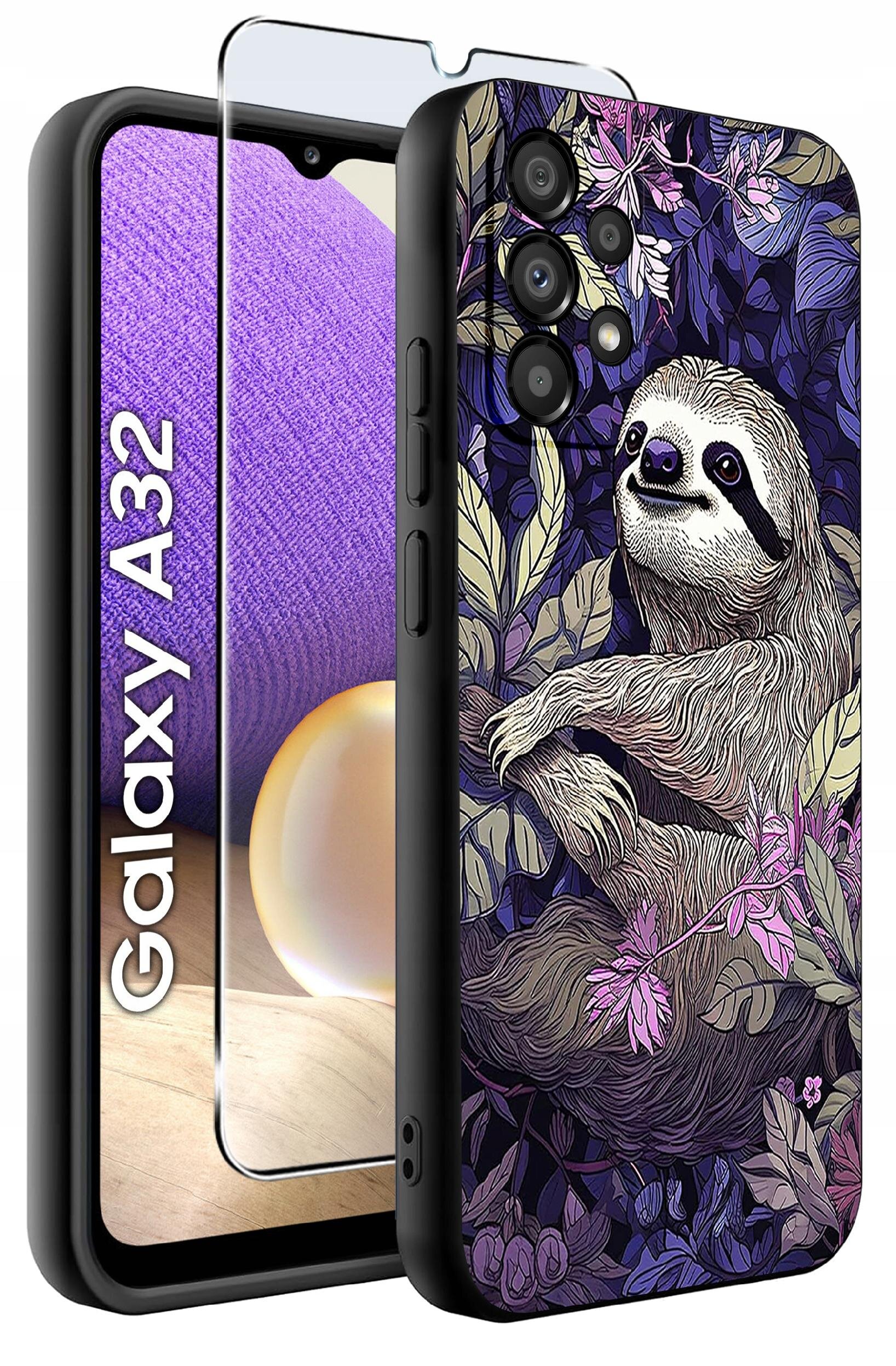 Etui na telefon z motywem leniwca wśród liści i kwiatów, obok szkło ochronne. Widoczny napis: \'Galaxy A32\'.