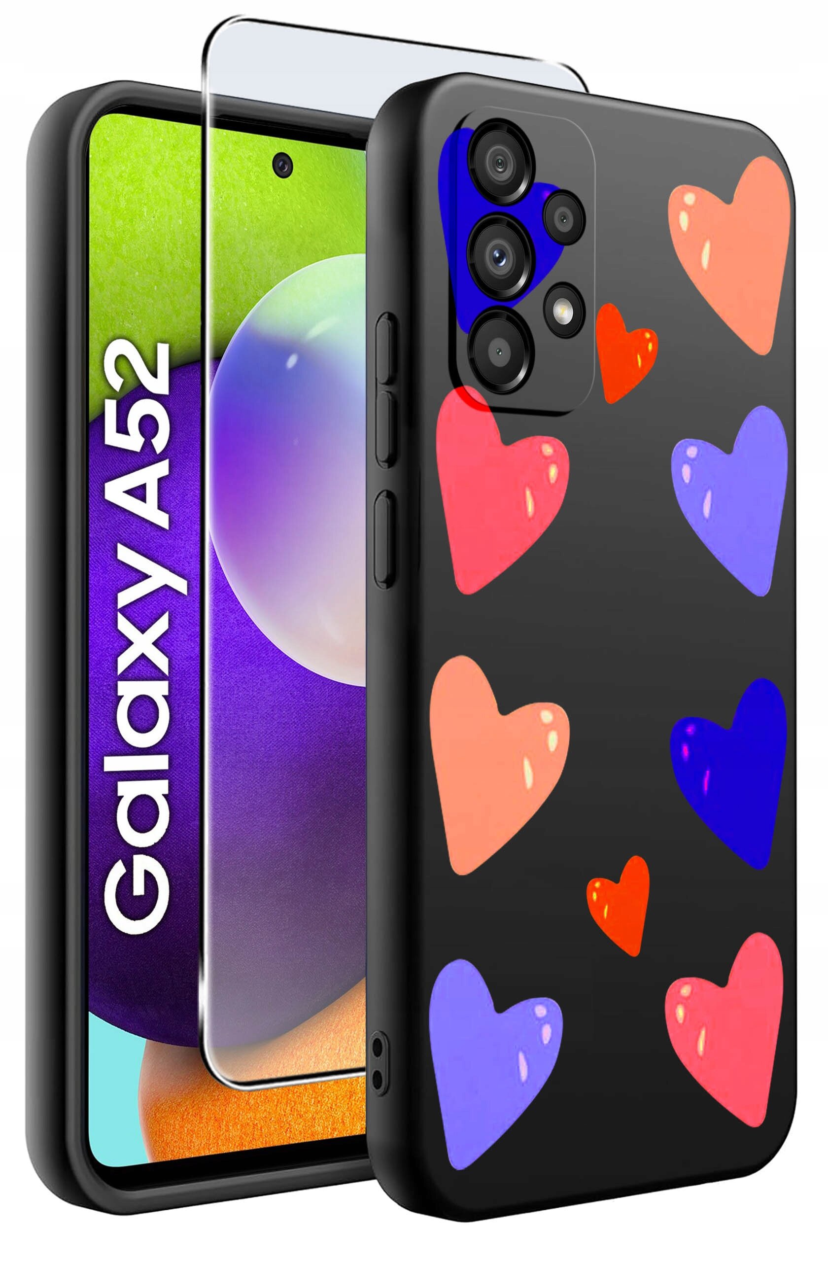 Obraz przedstawia czarne etui na telefon z kolorowymi sercami w odcieniach czerwieni i fioletu. Obok etui widoczny jest telefon z napisem \'Galaxy A52\' na ekranie oraz szkło ochronne.