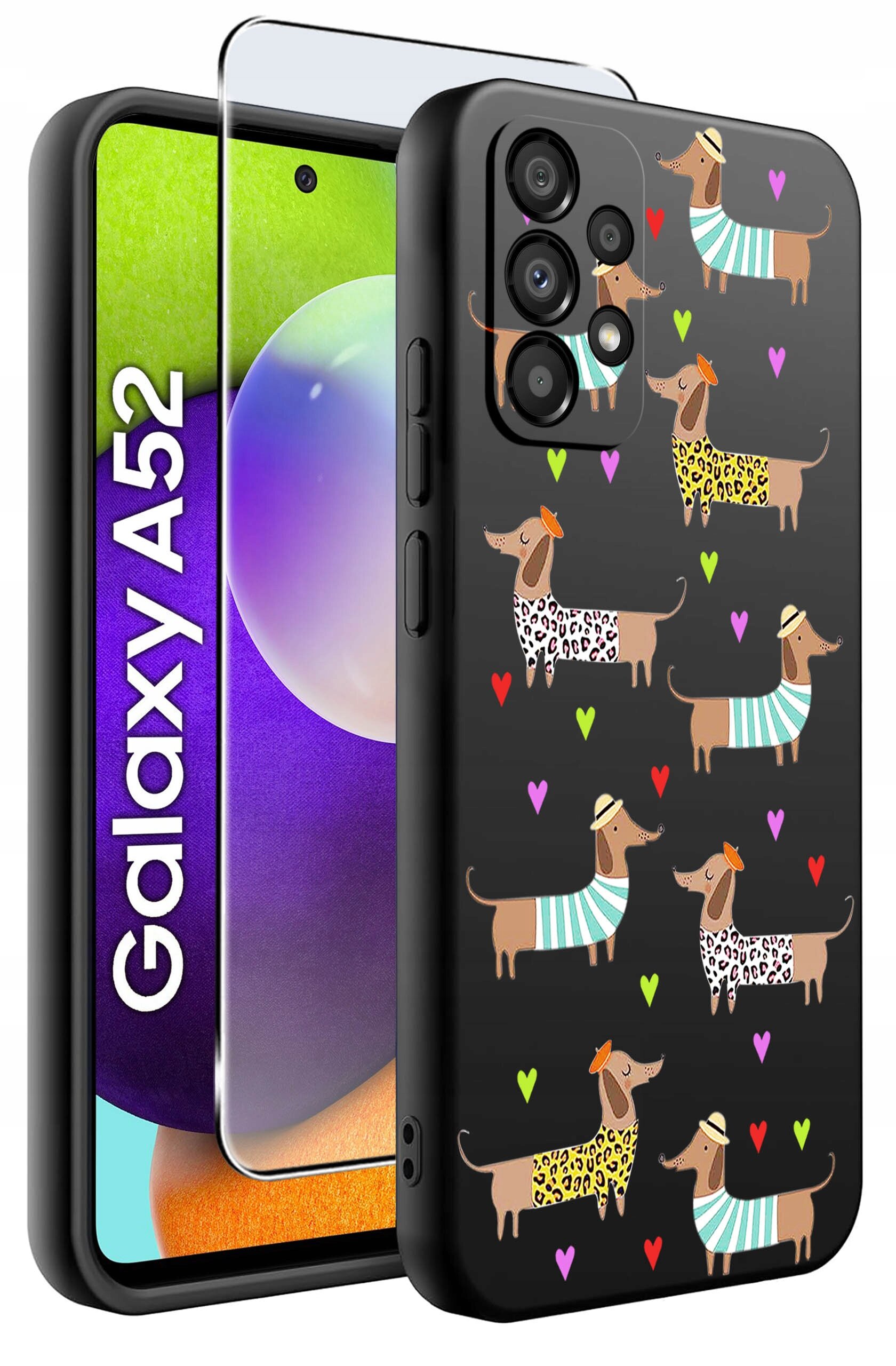 Etui na telefon z wzorem jamników w kolorowych ubrankach oraz szkło ochronne na ekran. Obok widoczny jest napis \'Galaxy A52\'.