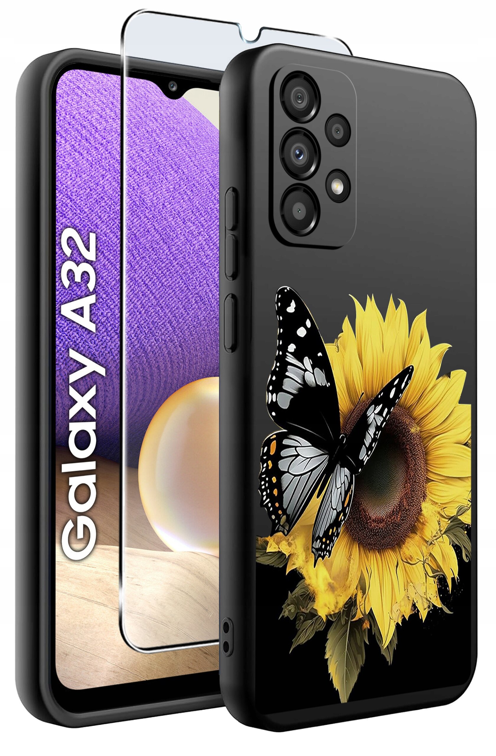 Etui na telefon z motywem słonecznika i motyla, obok którego znajduje się szkło ochronne. Na ekranie telefonu widoczny jest napis \'Galaxy A32\'.