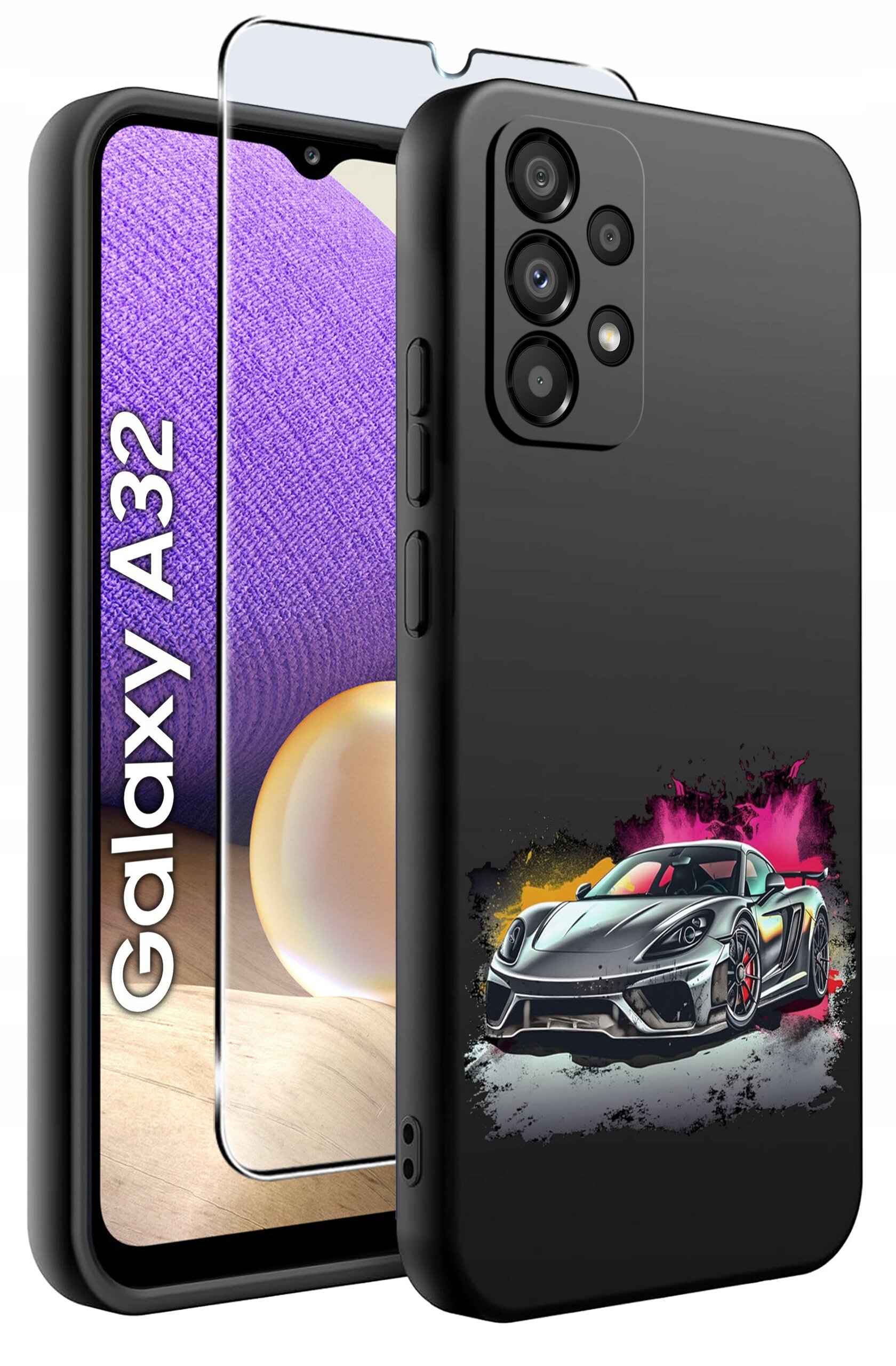 Etui do telefonu z grafiką sportowego samochodu na czarnym tle oraz szkło ochronne na ekran. Widoczny napis \'Galaxy A32\'.