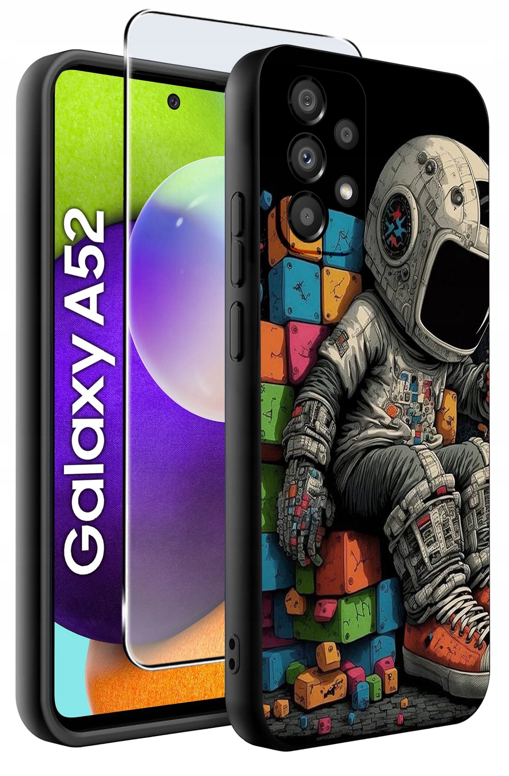 Etui na telefon z kolorowym wzorem przedstawiającym astronautę siedzącego na klockach. Obok widoczny jest telefon z napisem \'Galaxy A52\'.