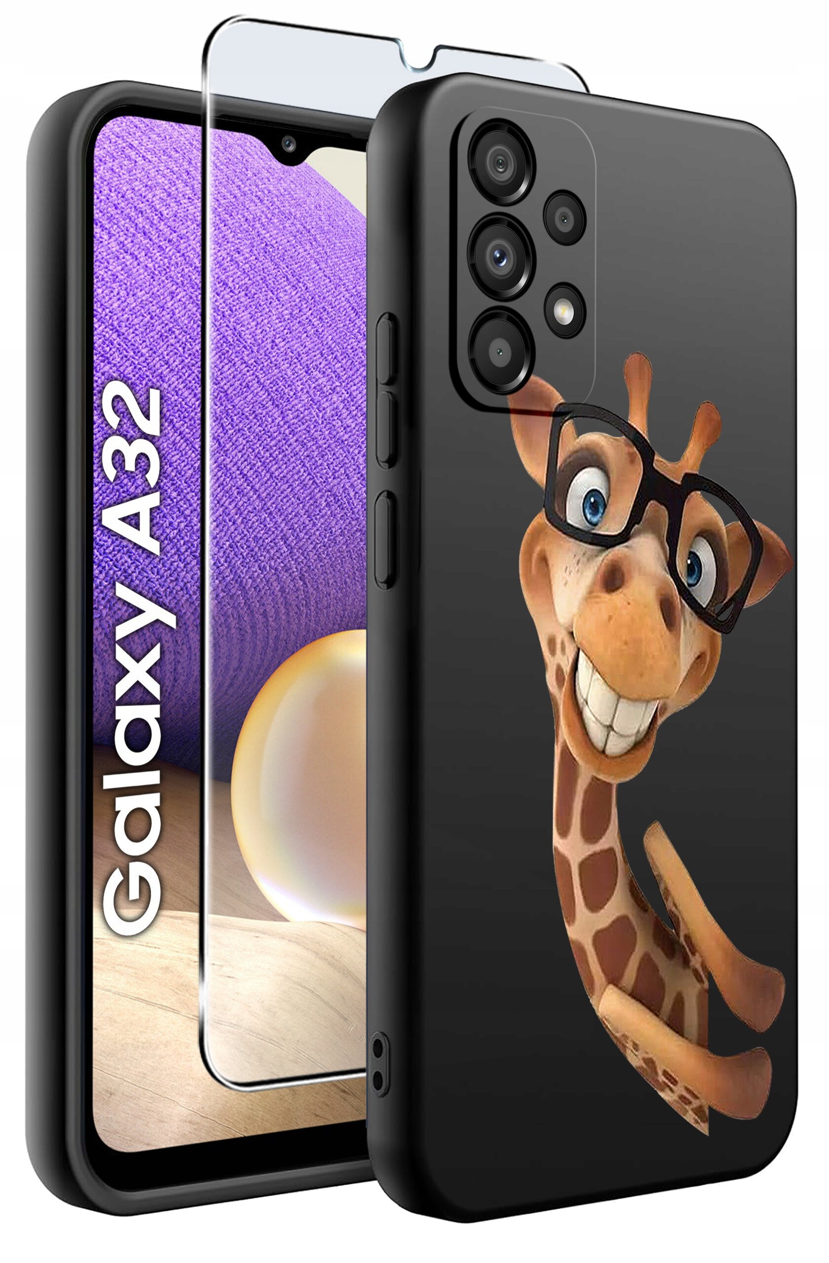Etui na telefon z grafiką żyrafy w okularach, obok znajduje się szkło ochronne na ekran. Na ekranie telefonu widoczny jest napis \'Galaxy A32\'.