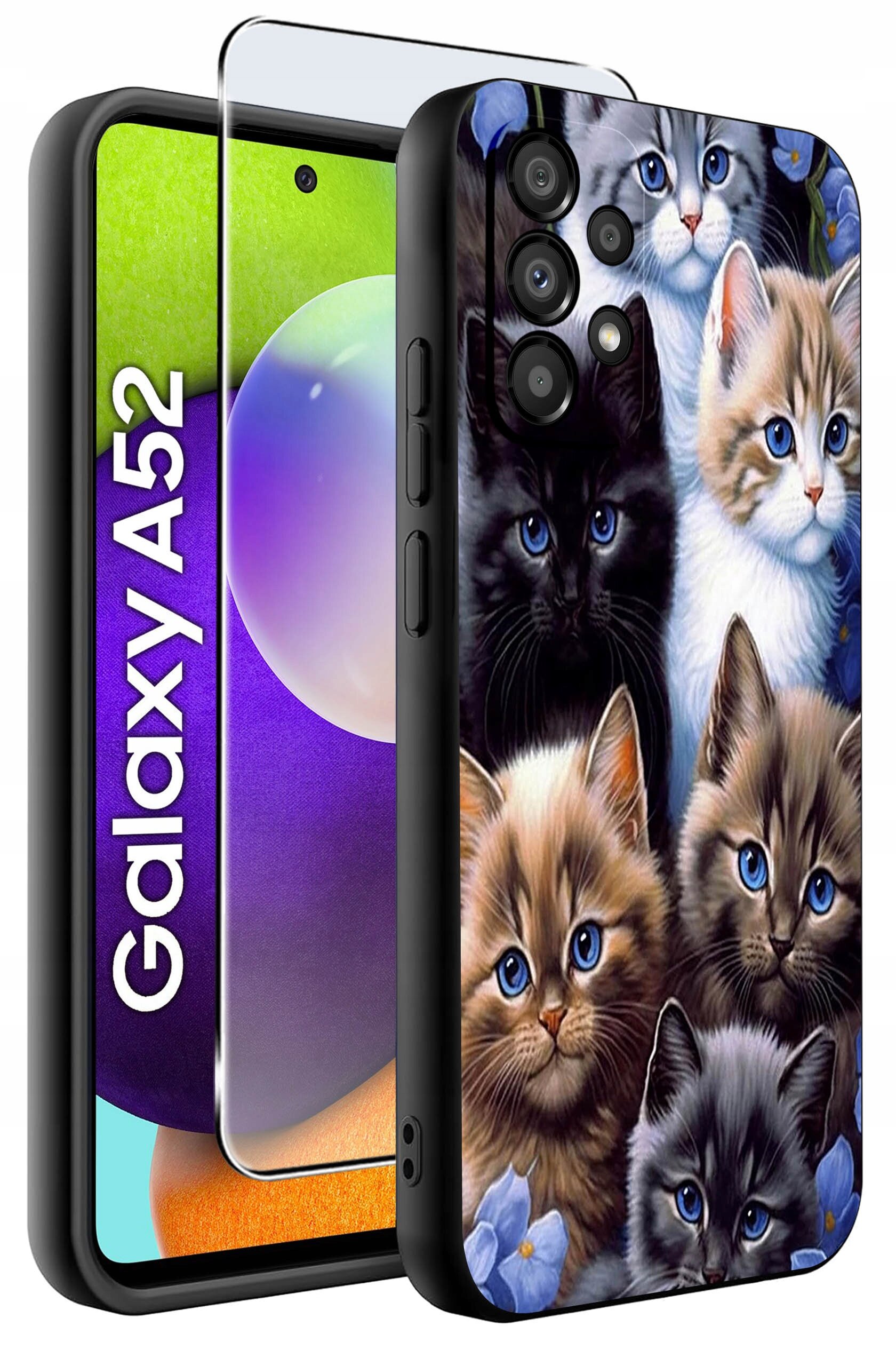 Etui na telefon z nadrukiem kilku kotów oraz szkło ochronne. Obok widoczny jest napis \'Galaxy A52\'.