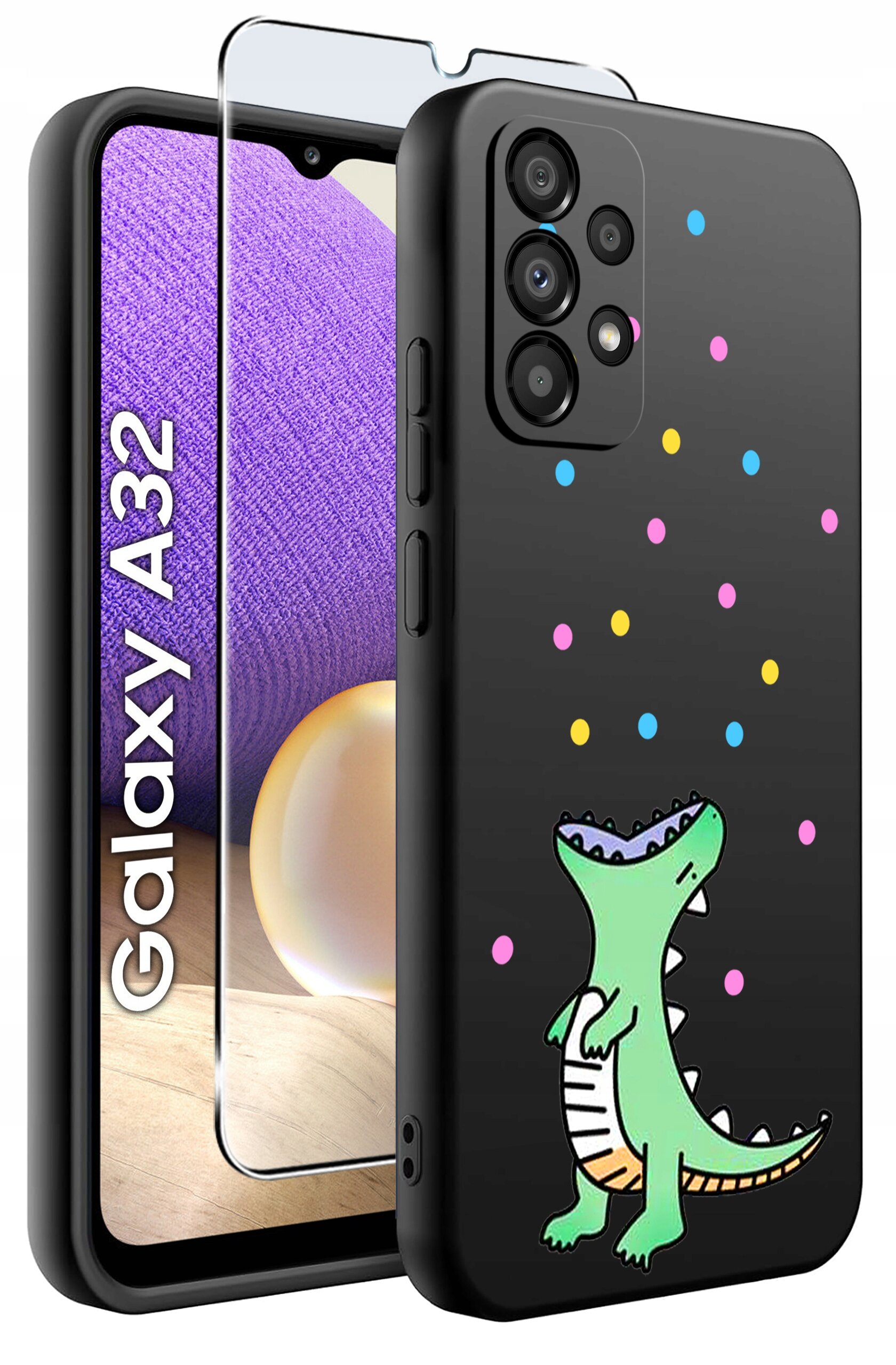 Obraz przedstawia czarne etui na telefon z kolorowym wzorem dinozaura i kolorowymi kropkami. Obok etui widoczny jest telefon z napisem \'Galaxy A32\' oraz szkło ochronne.
