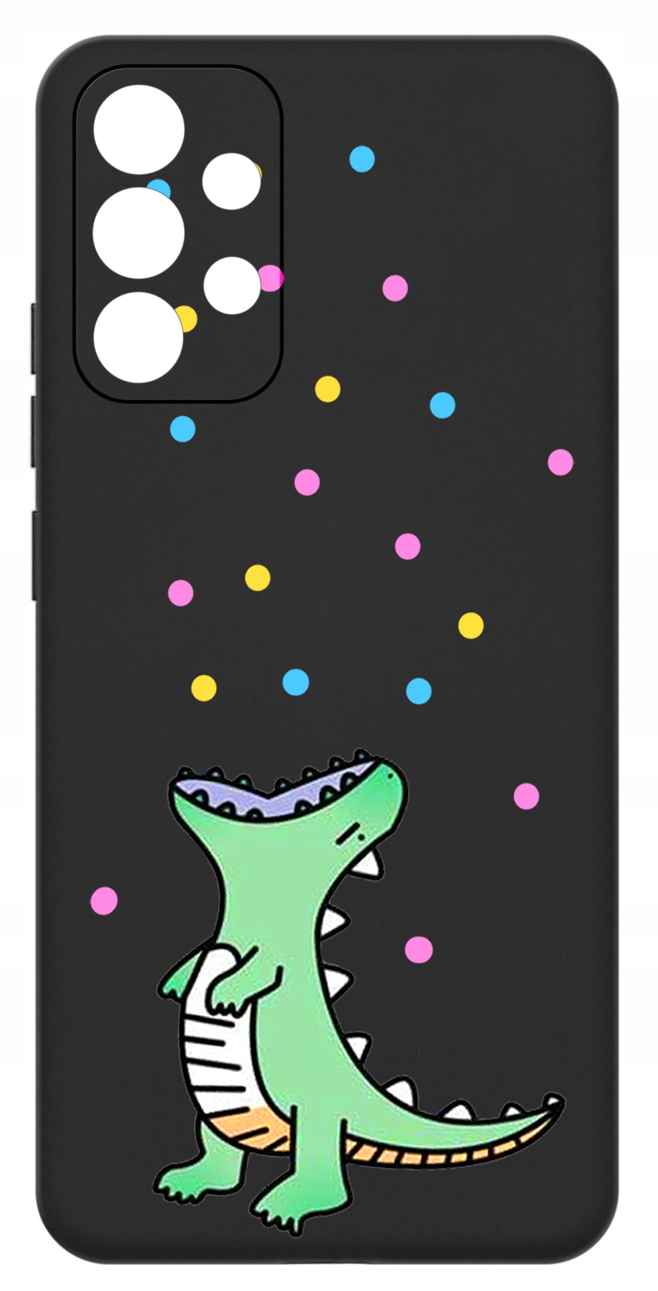 Czarne etui z kolorowym wzorem przedstawiającym zielonego dinozaura i kolorowe kropki. Etui ma wycięcia na aparat i przyciski.