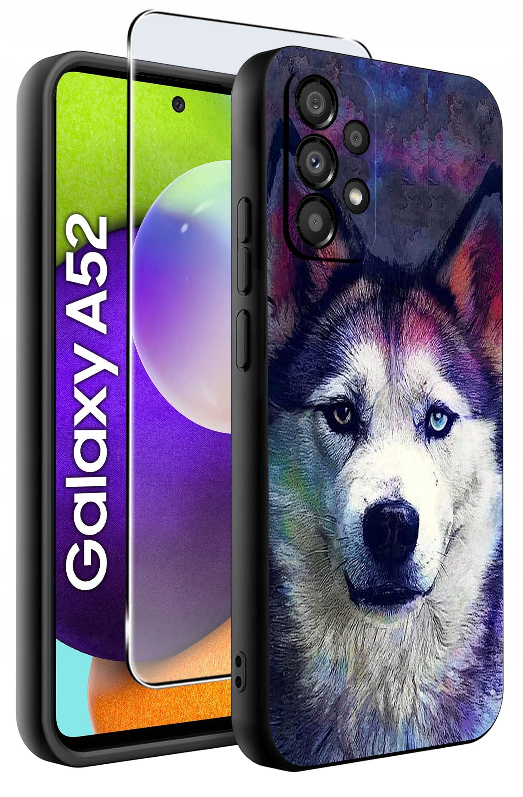 Etui na telefon z nadrukiem psa, obok którego znajduje się szkło ochronne. Na ekranie telefonu widoczny jest napis \'Galaxy A52\'.