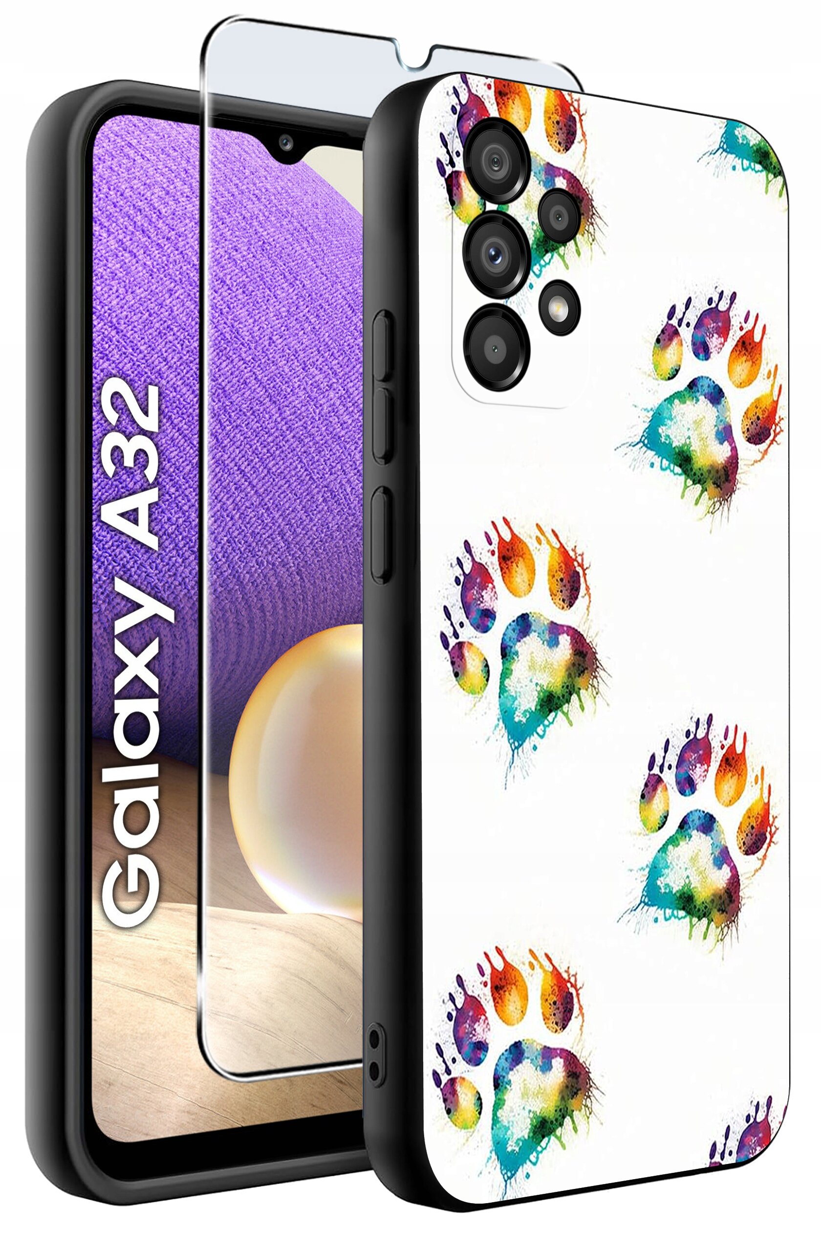 Etui na telefon z kolorowymi wzorami łapek oraz szkło ochronne na ekran. Obok widoczny jest napis \'Galaxy A32\'.