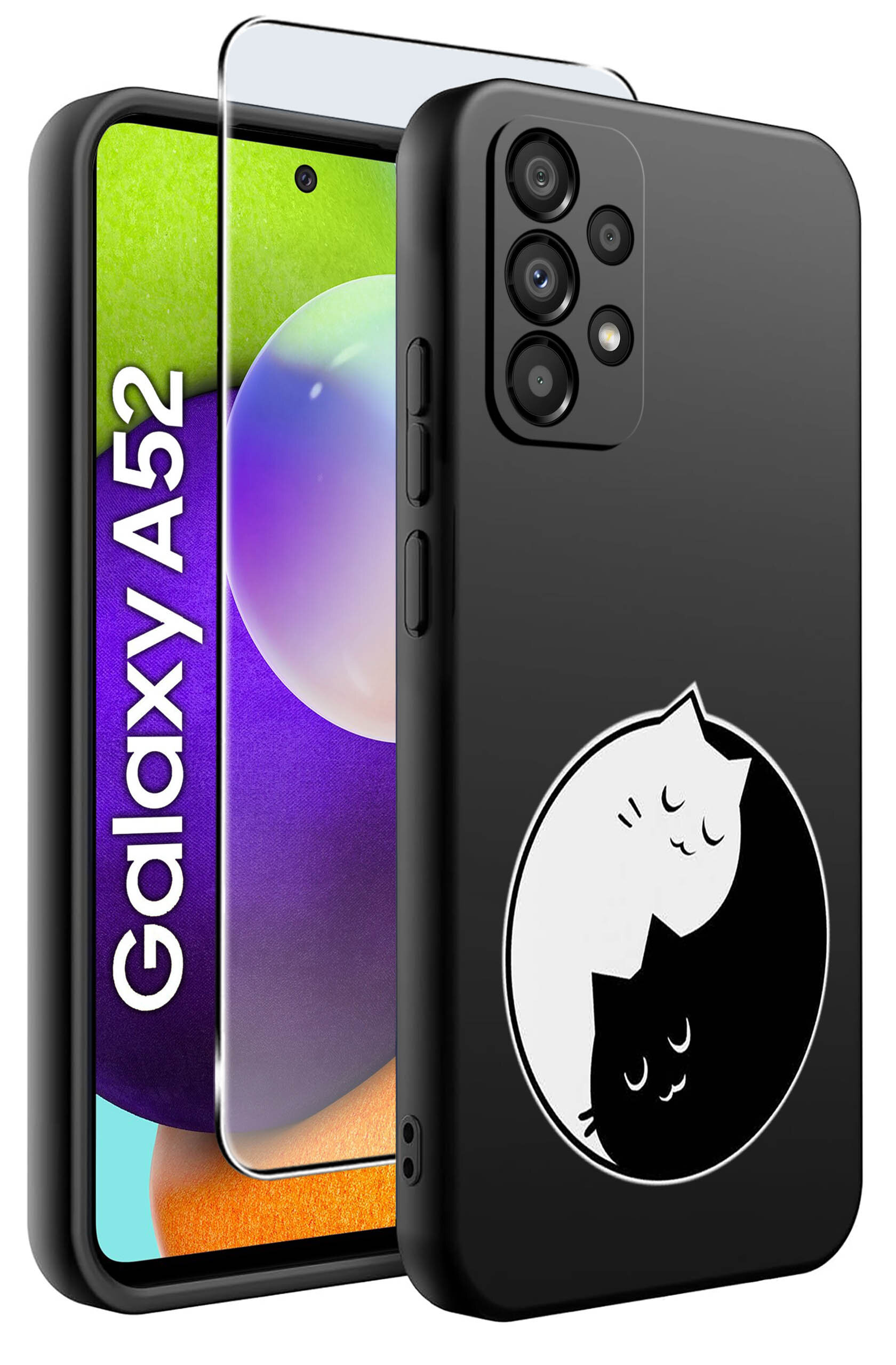 Czarne etui na telefon z motywem dwóch kotów w stylu yin-yang. Obok etui widoczny jest telefon z napisem \'Galaxy A52\' oraz szkło ochronne.