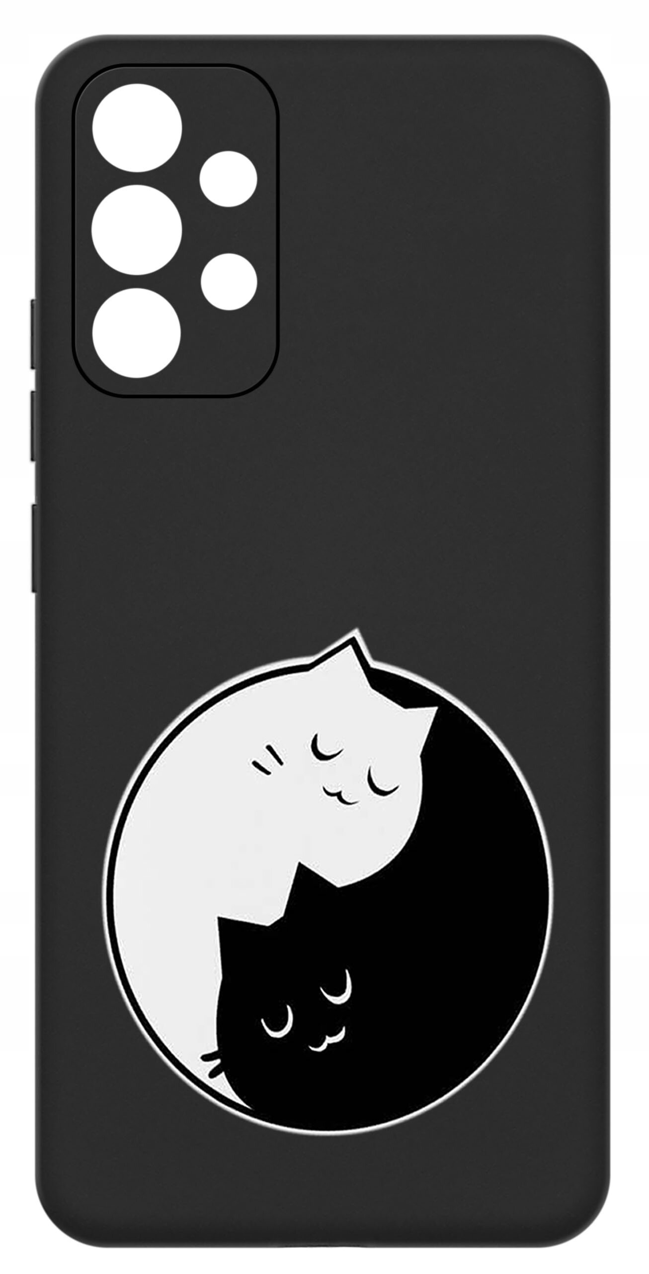 Czarne etui na telefon z wycięciami na aparat, ozdobione grafiką dwóch kotów w stylu yin-yang, jeden biały, drugi czarny.