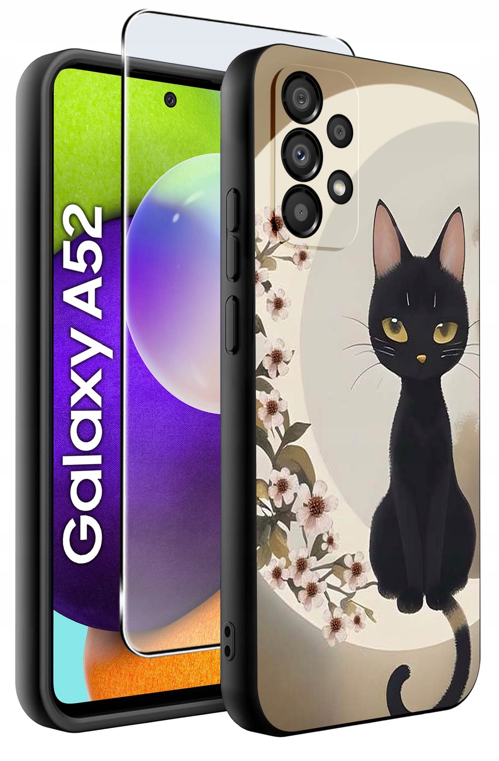 Etui na telefon z grafiką czarnego kota siedzącego na tle okręgu z kwiatami. Obok widoczny jest telefon z napisem \'Galaxy A52\'.
