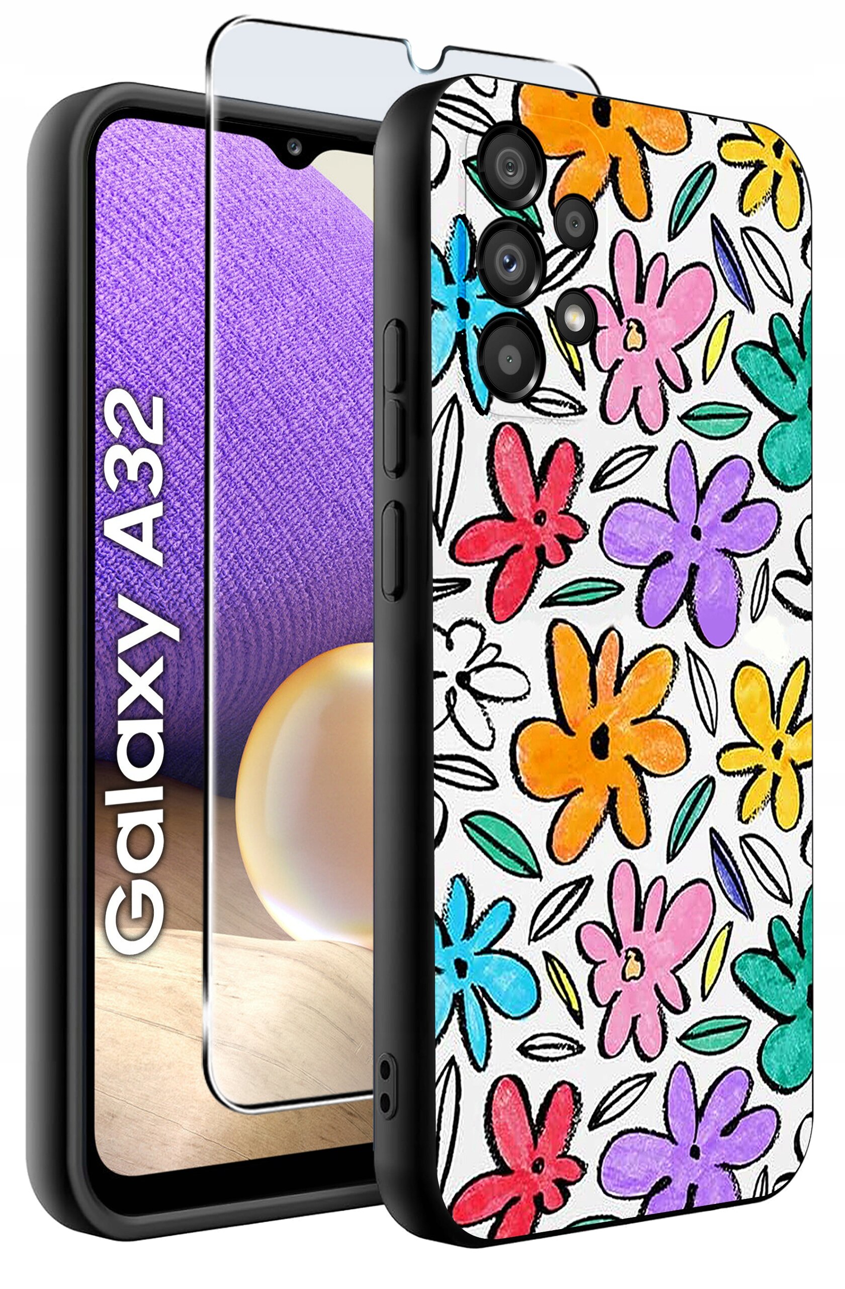 Etui na telefon z kolorowym wzorem kwiatów oraz szkło ochronne na ekran. Na ekranie telefonu widoczny jest napis \'Galaxy A32\'.