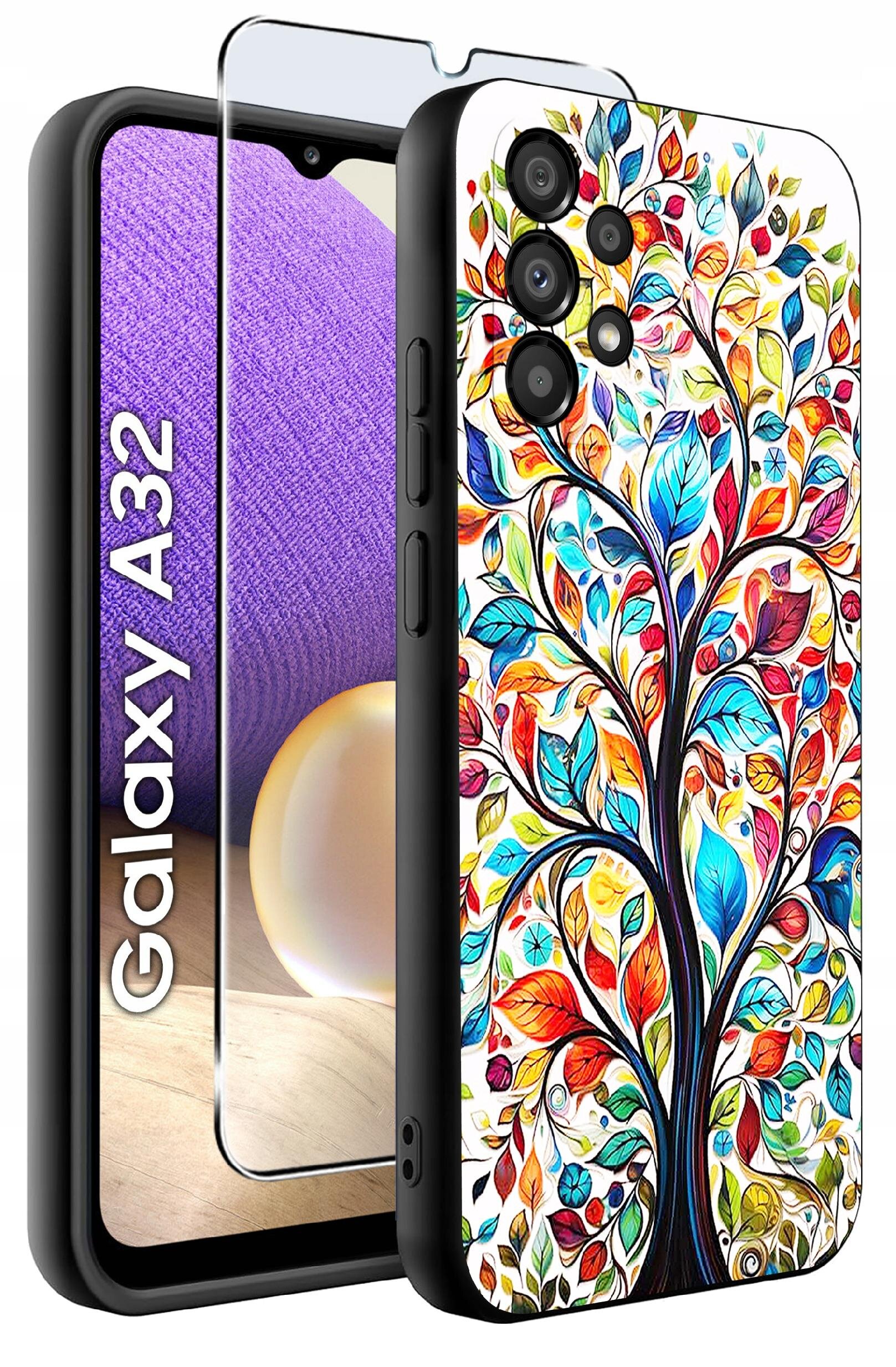 Etui na telefon z kolorowym wzorem drzewa, obok którego znajduje się szkło ochronne. Na ekranie telefonu widoczny jest napis \'Galaxy A32\'.