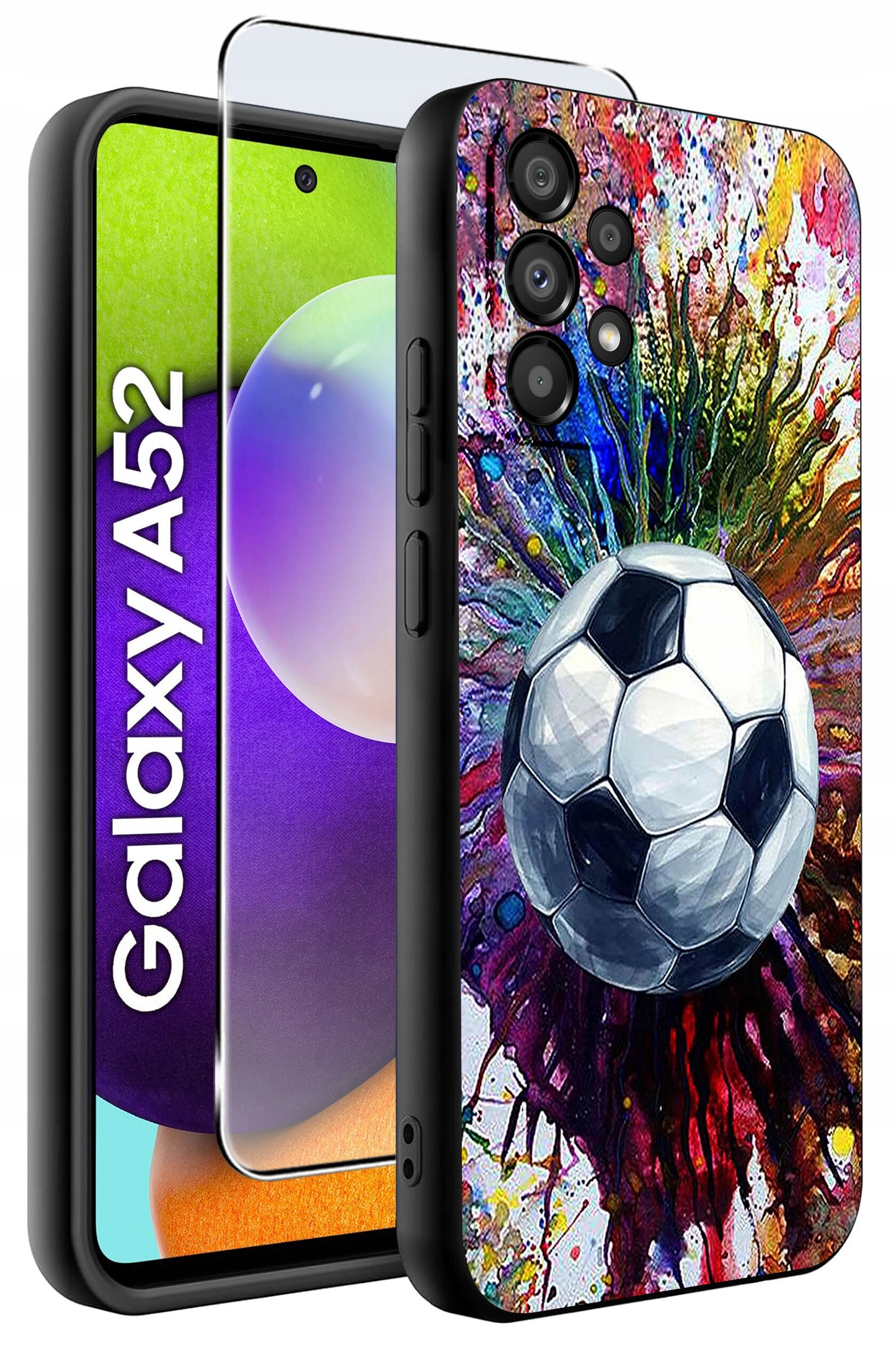 Etui na telefon z kolorowym wzorem przedstawiającym piłkę nożną na tle rozpryskujących się farb. Obok widoczny jest telefon z napisem \'Galaxy A52\'.