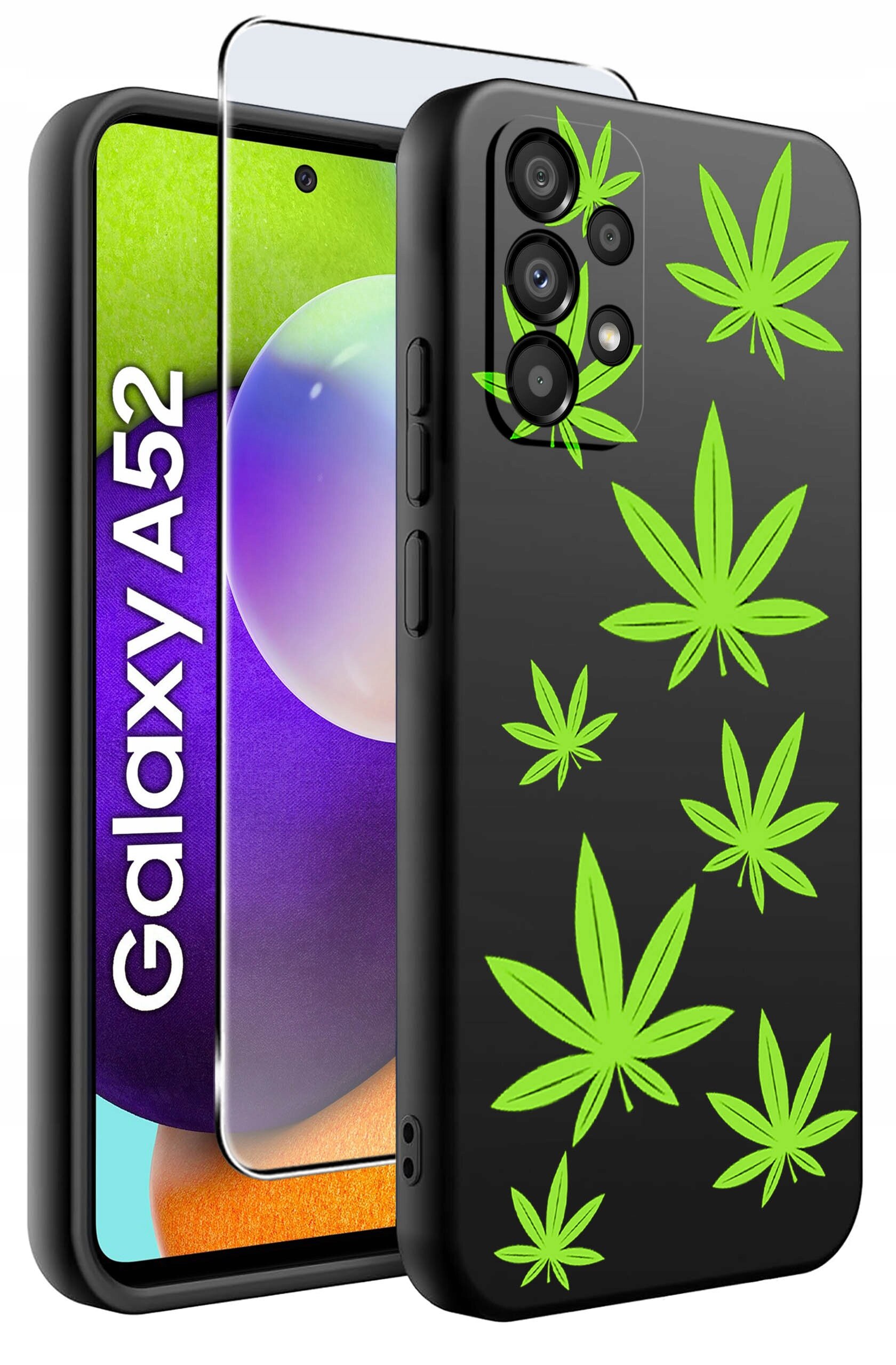 Obraz przedstawia etui na telefon z zielonymi wzorami liści na czarnym tle oraz szkło ochronne. Na ekranie telefonu widoczny jest napis \'Galaxy A52\'.