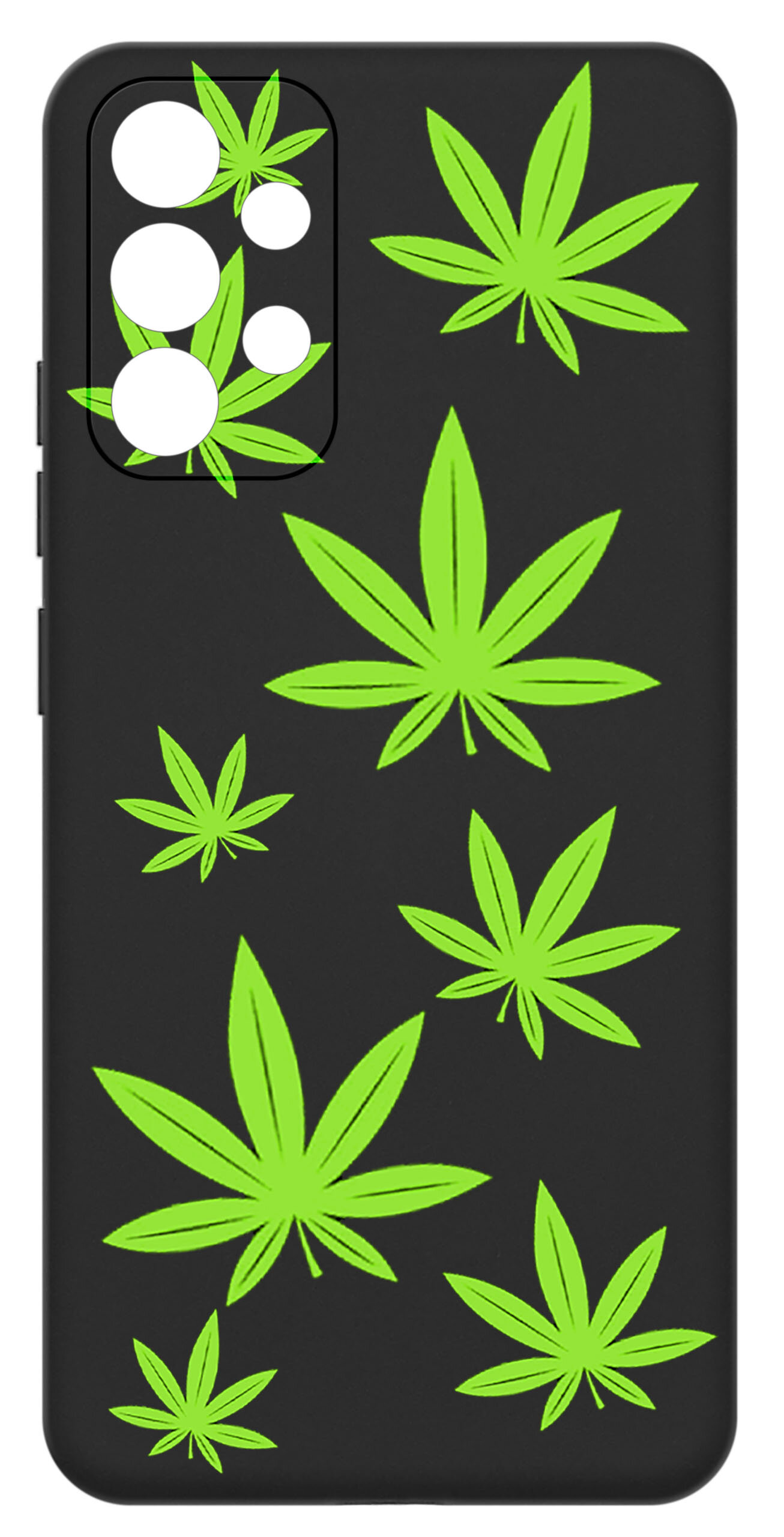 Czarne etui na telefon z zielonymi wzorami liści. Etui posiada wycięcia na aparat i przyciski.
