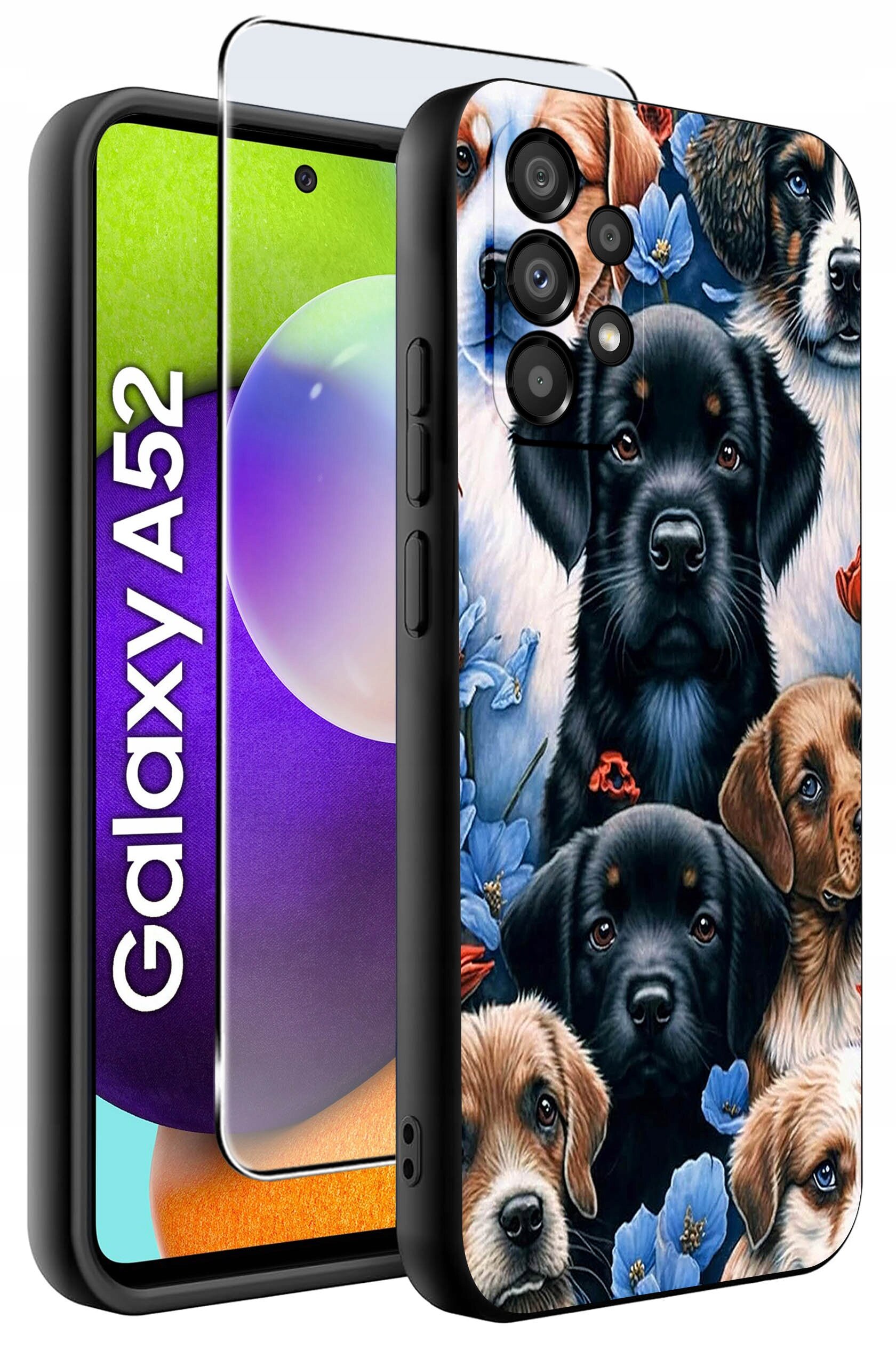 Etui na telefon z wzorem przedstawiającym psy i kwiaty, obok znajduje się szkło ochronne. Na ekranie telefonu widoczny jest napis \'Galaxy A52\'.