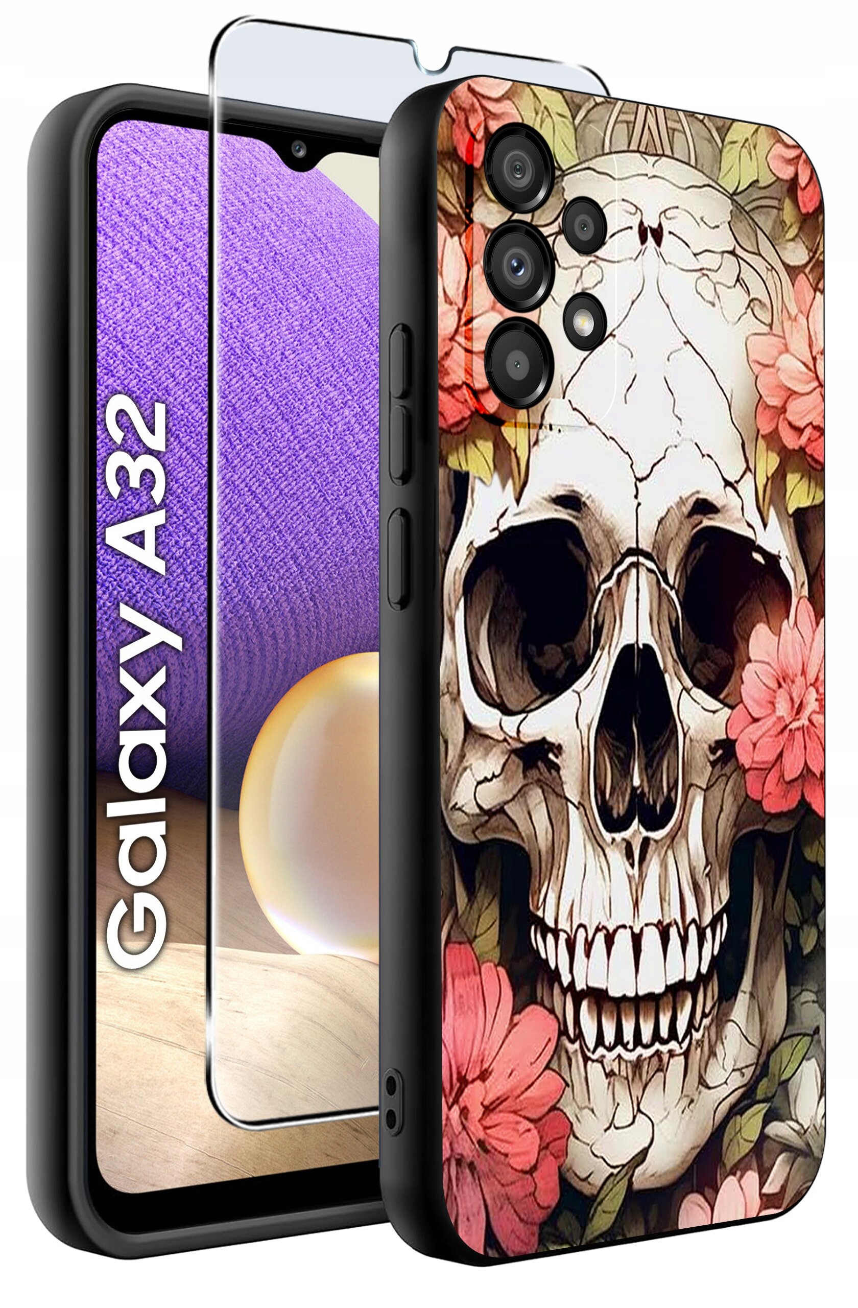 Etui na telefon z motywem czaszki otoczonej kwiatami, obok znajduje się szkło ochronne. Widoczny napis: \'Galaxy A32\'.