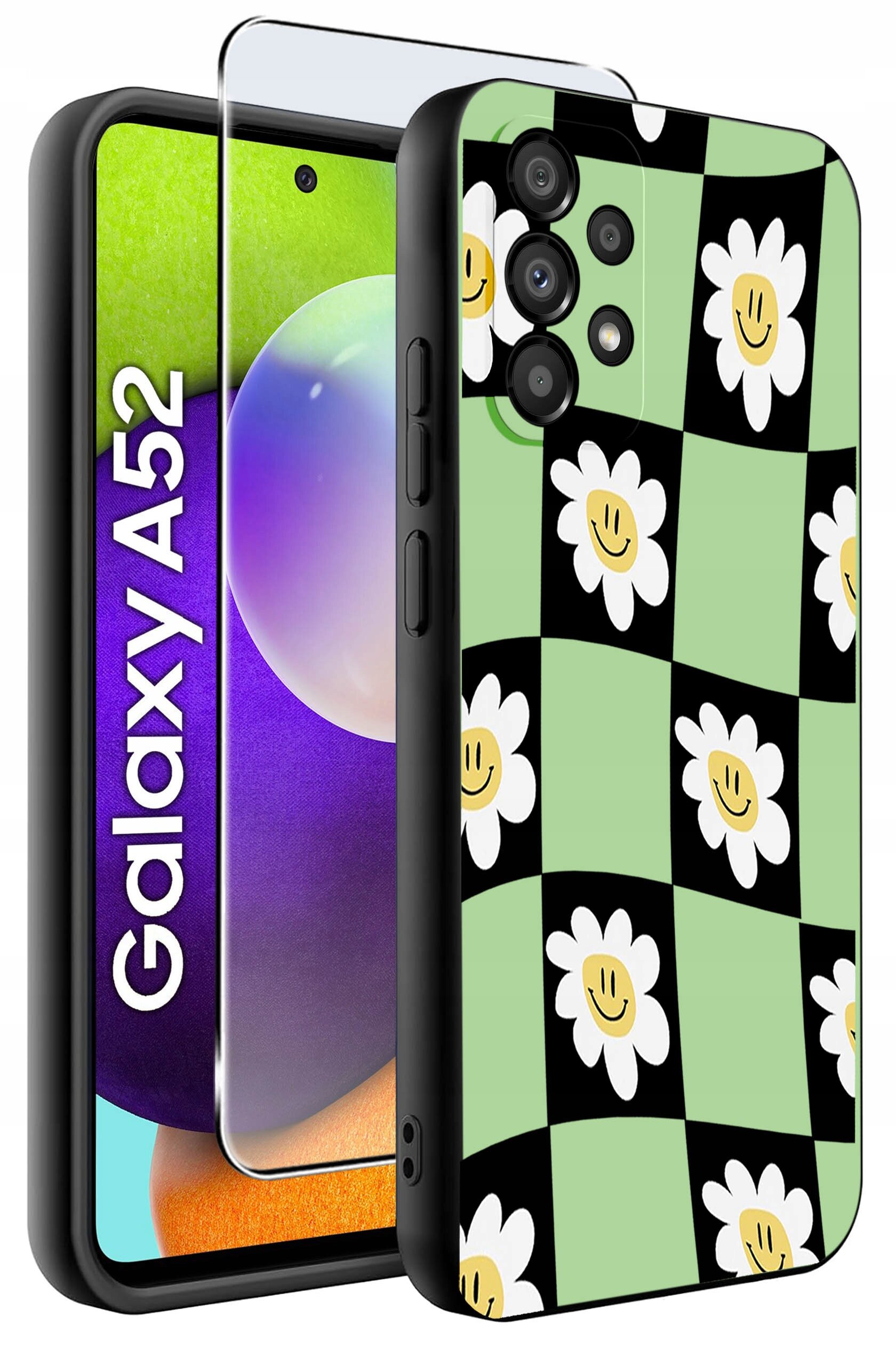 Etui na telefon z wzorem w biało-żółte kwiaty na zielono-czarnym tle. Obok widoczny jest telefon z napisem \'Galaxy A52\' na ekranie.