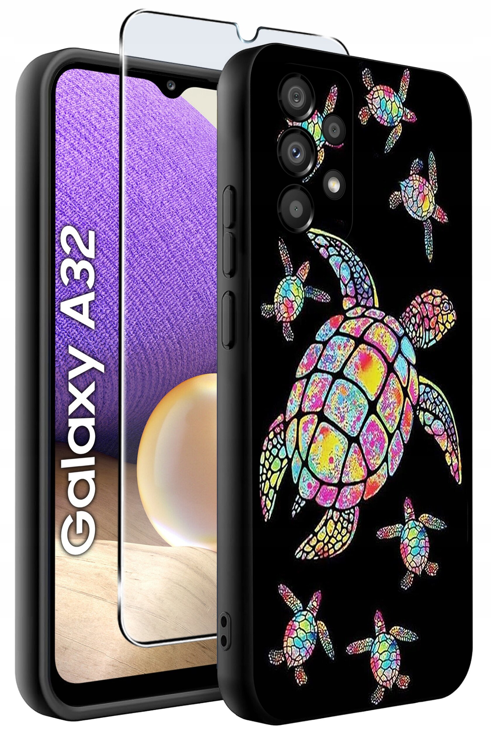 Etui na telefon z kolorowym wzorem żółwi na czarnym tle, obok widoczna jest szybka ochronna. Na ekranie telefonu napis \'Galaxy A32\'.