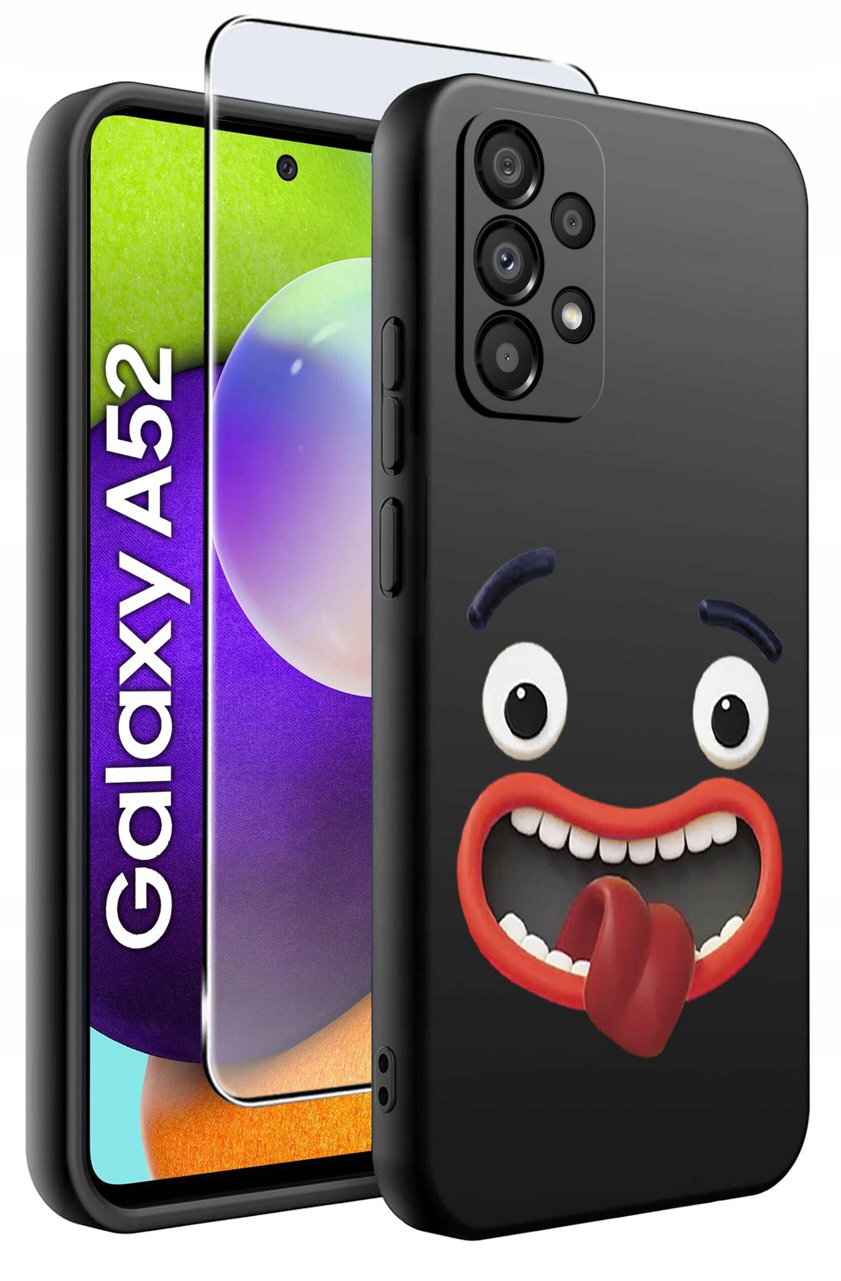 Obraz przedstawia czarne silikonowe etui z nadrukiem uśmiechniętej twarzy z wystawionym językiem, obok którego znajduje się telefon z napisem \'Galaxy A52\'.