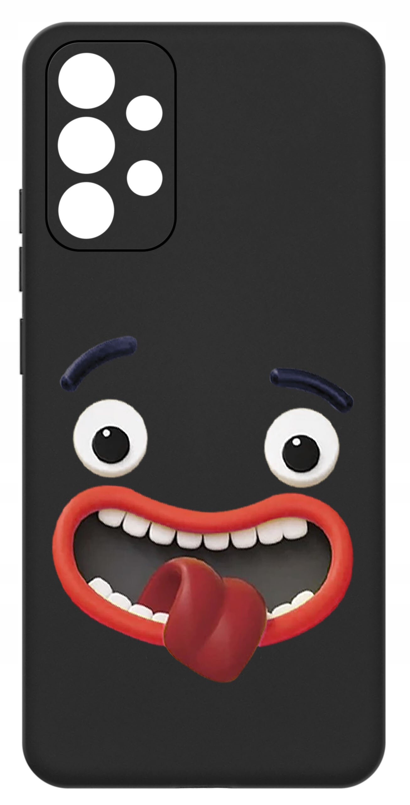 Czarne etui na telefon z zabawnym wzorem przedstawiającym twarz z dużymi oczami, szerokim uśmiechem i wystawionym językiem. Etui ma trzy otwory na aparat fotograficzny.