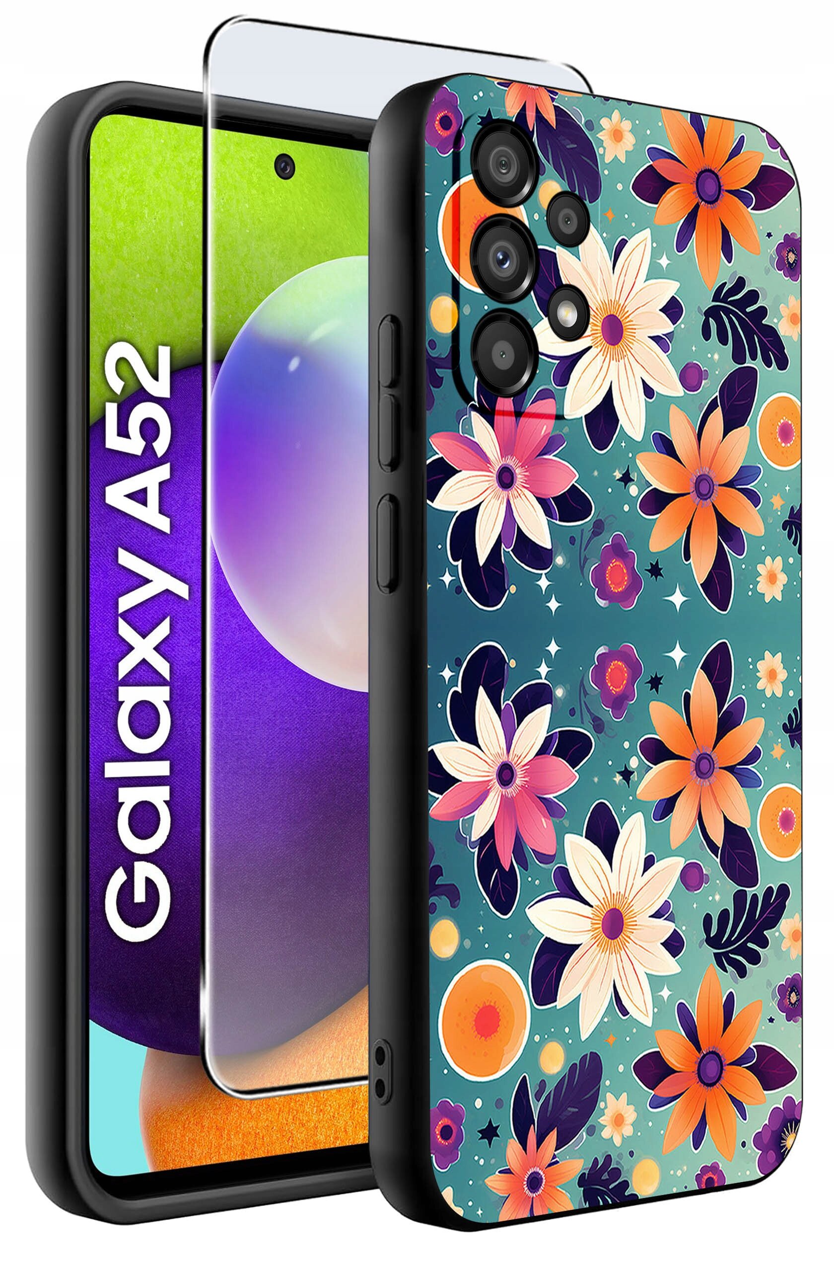 Etui na telefon z kolorowym wzorem kwiatowym, obok którego znajduje się szkło ochronne. Na ekranie telefonu widoczny jest napis \'Galaxy A52\'.