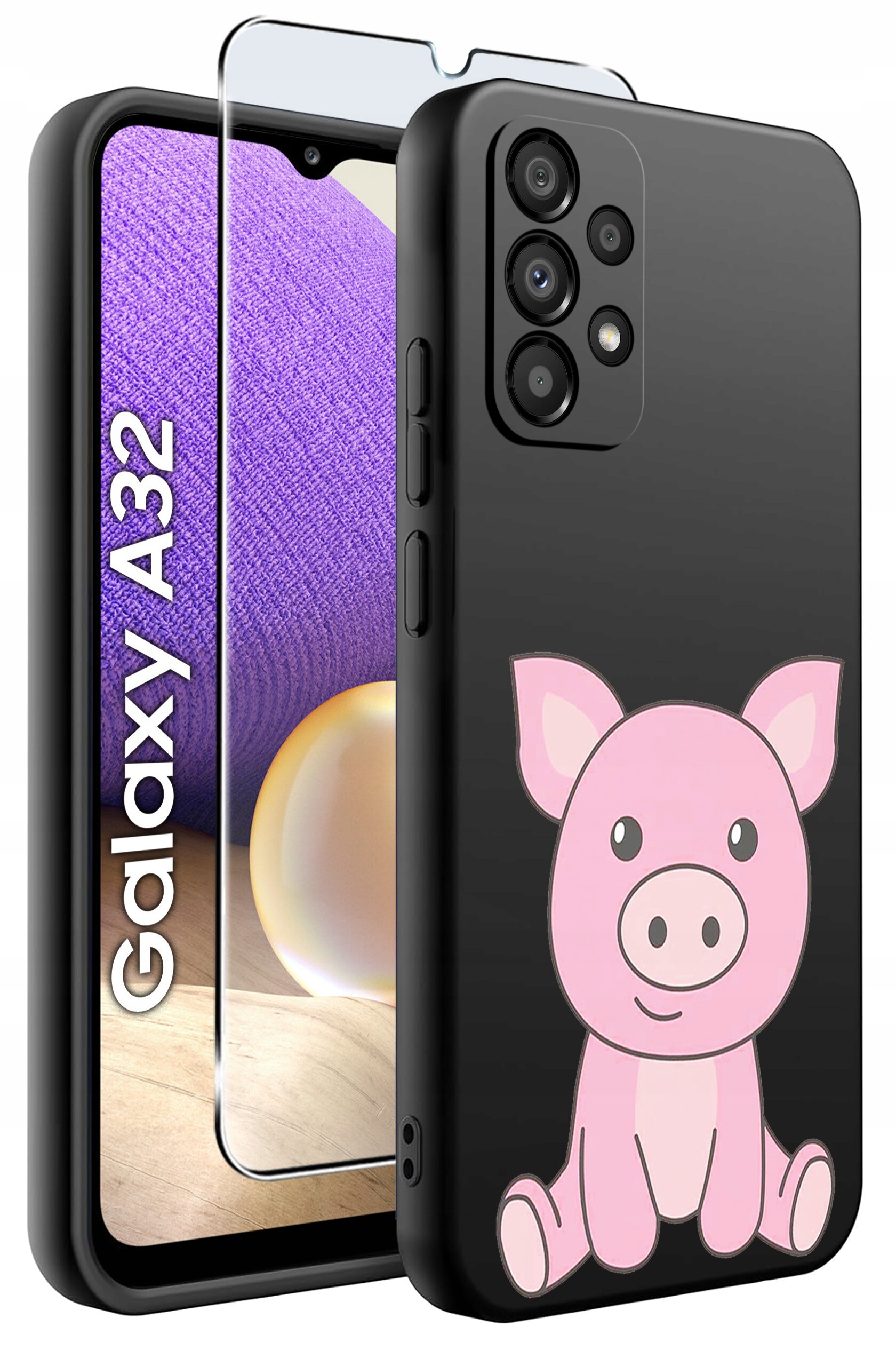 Czarne etui na telefon z nadrukiem różowej świnki oraz szkło ochronne na ekran. Obok widoczny jest telefon z napisem \'Galaxy A32\'.