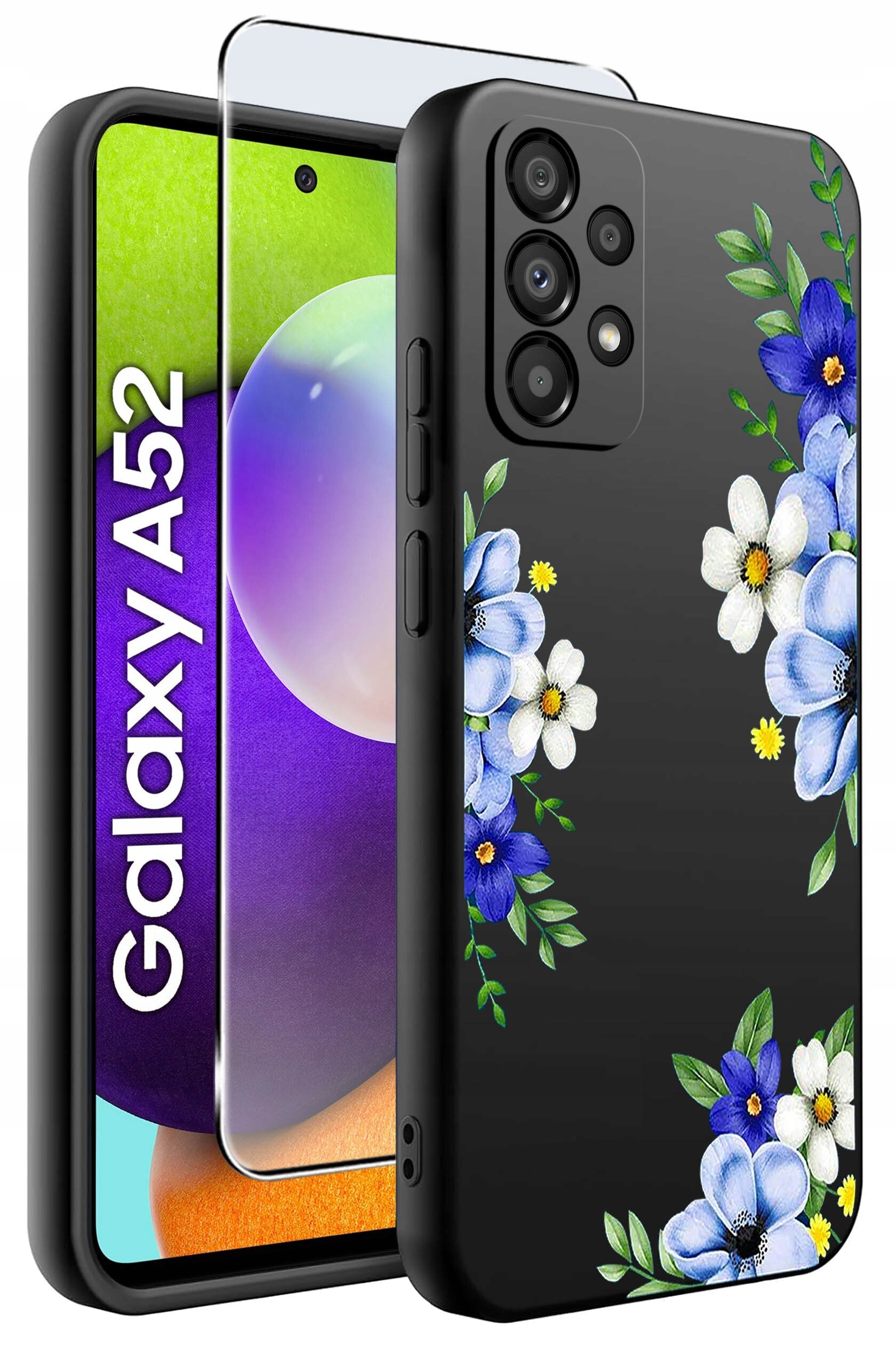 Obraz przedstawia czarne etui na telefon z kwiatowym wzorem w kolorach niebieskim i białym. Obok etui znajduje się szkło ochronne, a na ekranie telefonu widoczny jest napis \'Galaxy A52\'.