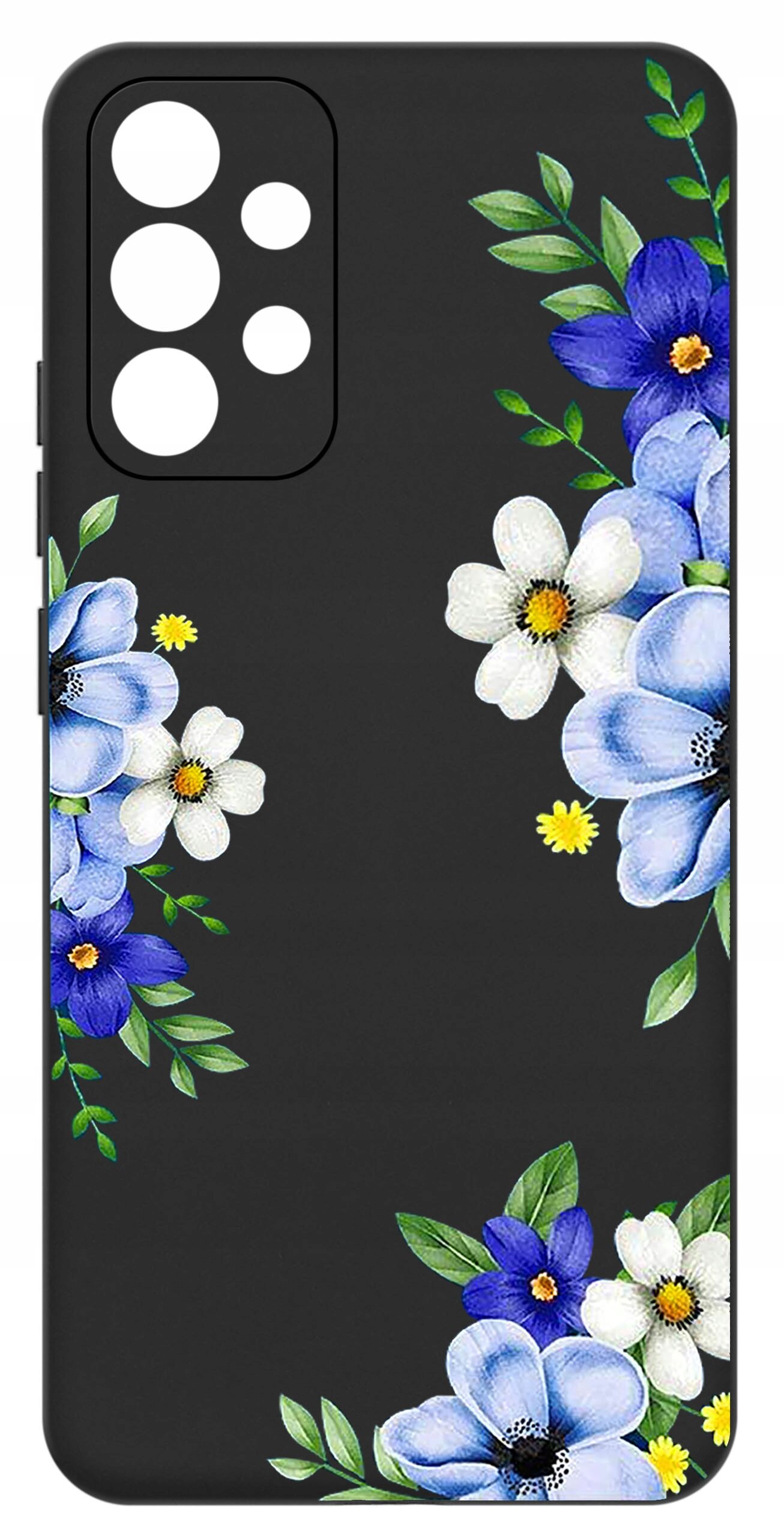 Czarne etui na telefon z kolorowym wzorem kwiatów w odcieniach niebieskiego, białego i zielonego. Etui ma wycięcia na aparat i przyciski.