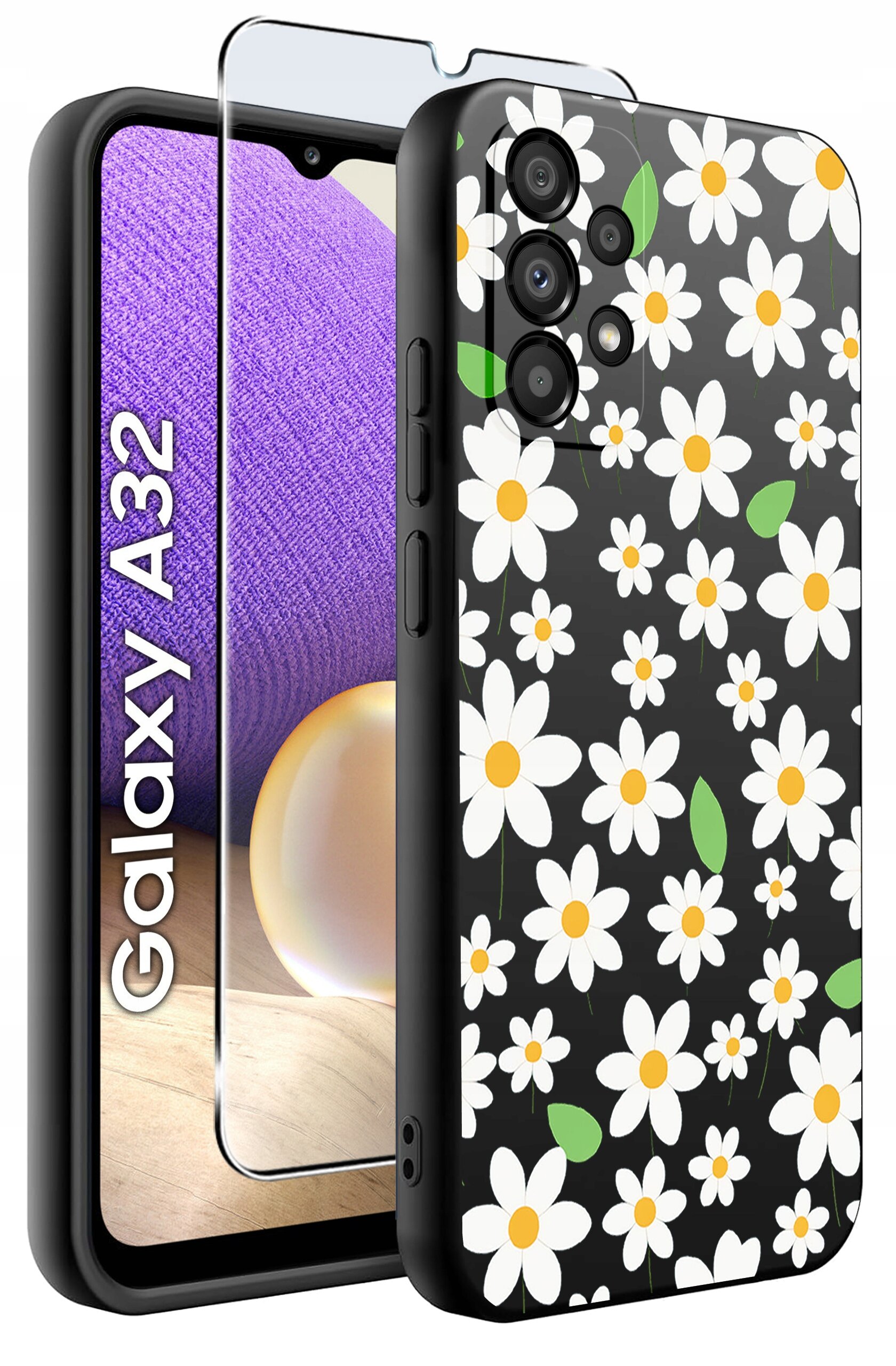 Etui na telefon z czarnym tłem ozdobione białymi kwiatami z żółtymi środkami i zielonymi liśćmi, obok szkło ochronne. Na ekranie telefonu widoczny jest napis \'Galaxy A32\'.