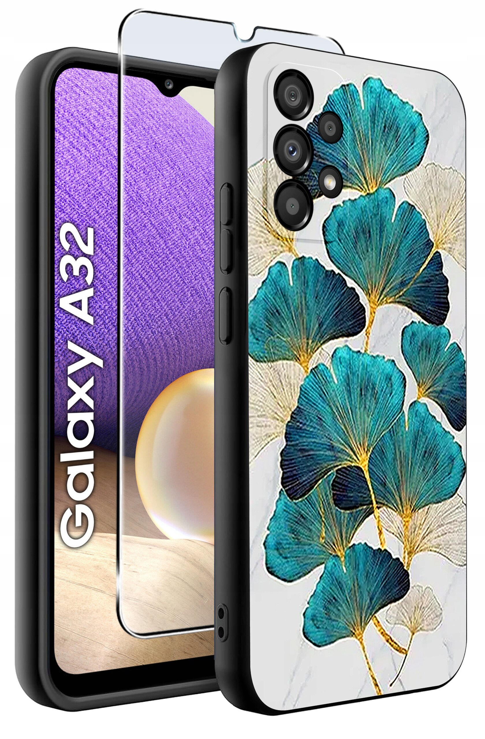 Etui na telefon z wzorem niebiesko-zielonych liści oraz szkło ochronne na ekran. Obok widoczny jest napis \'Galaxy A32\'.