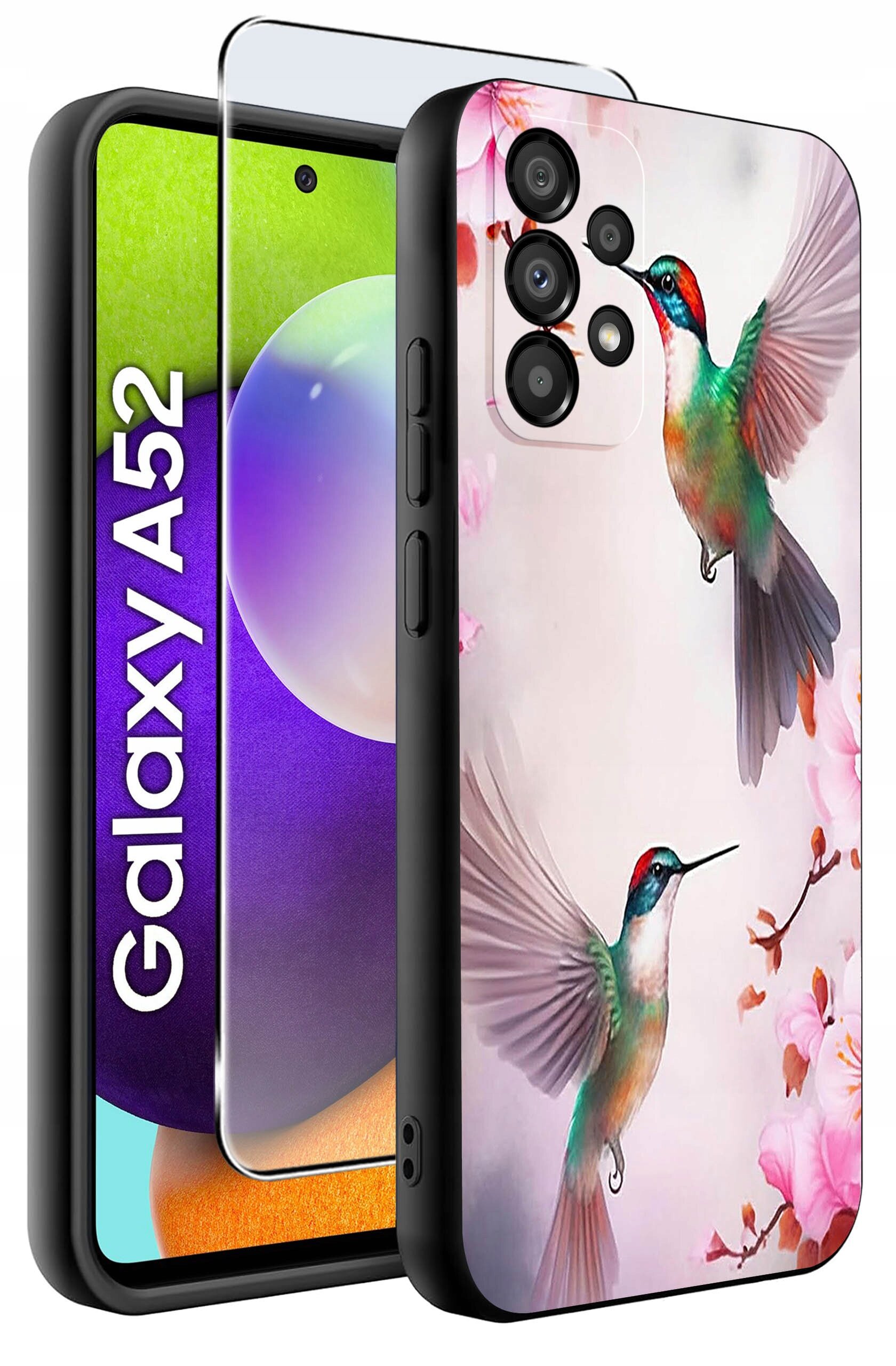 Etui na telefon z kolorowym wzorem kolibrów i kwiatów, obok którego znajduje się szkło ochronne. Na ekranie telefonu widoczny jest napis \'Galaxy A52\'.