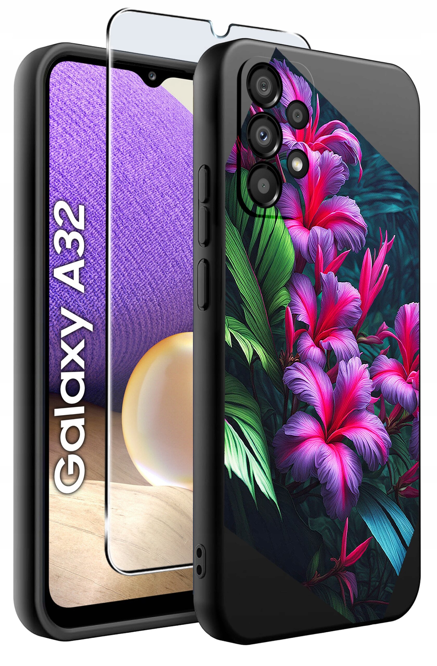 Obraz przedstawia etui na telefon z kolorowym wzorem kwiatów i liści oraz szkło ochronne. Obok widoczny jest telefon z napisem \'Galaxy A32\'.