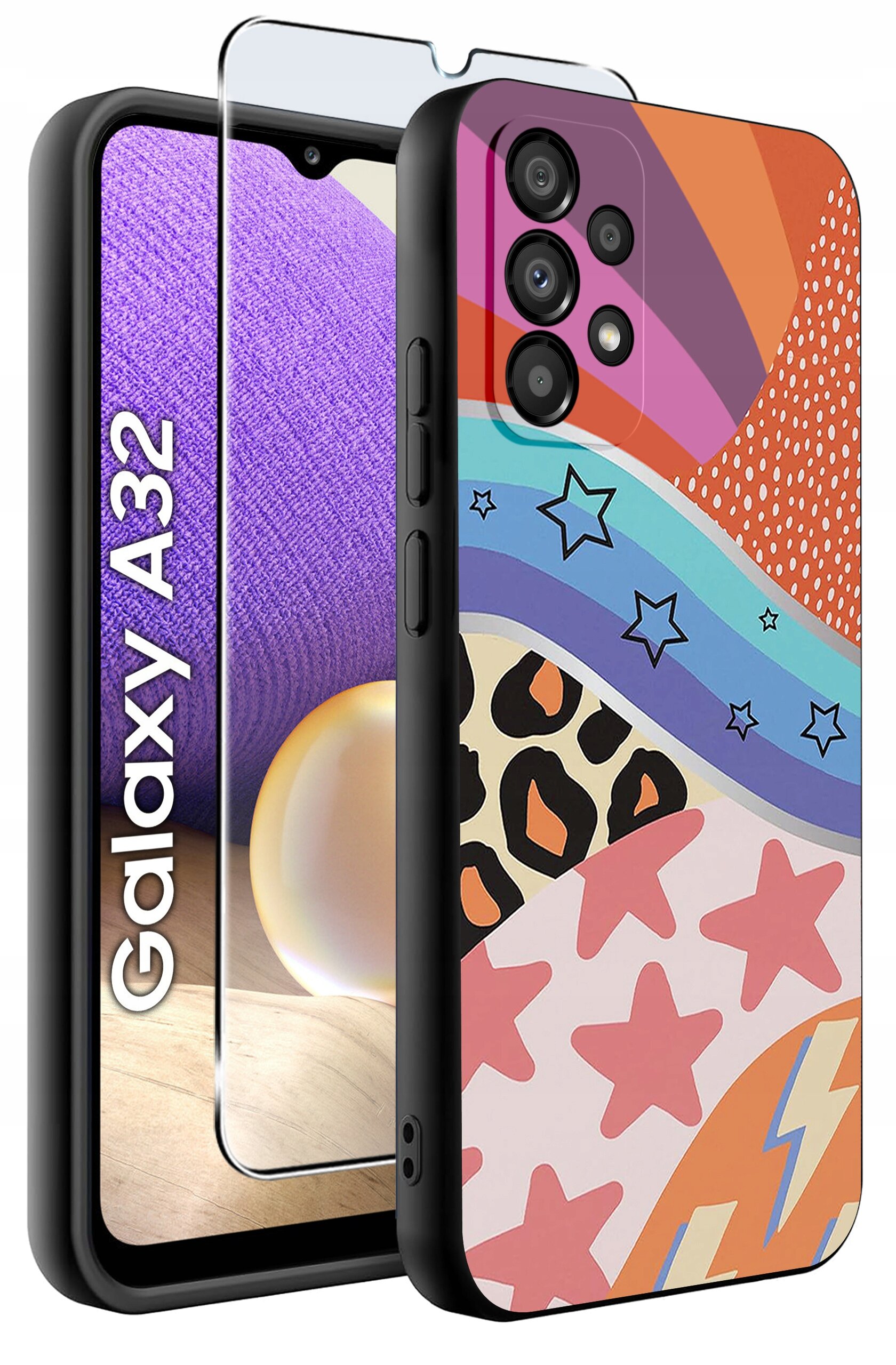Etui na telefon z kolorowym wzorem zawierającym gwiazdy, paski i motywy zwierzęce. Obok znajduje się szkło ochronne oraz telefon z widocznym napisem \'Galaxy A32\'.