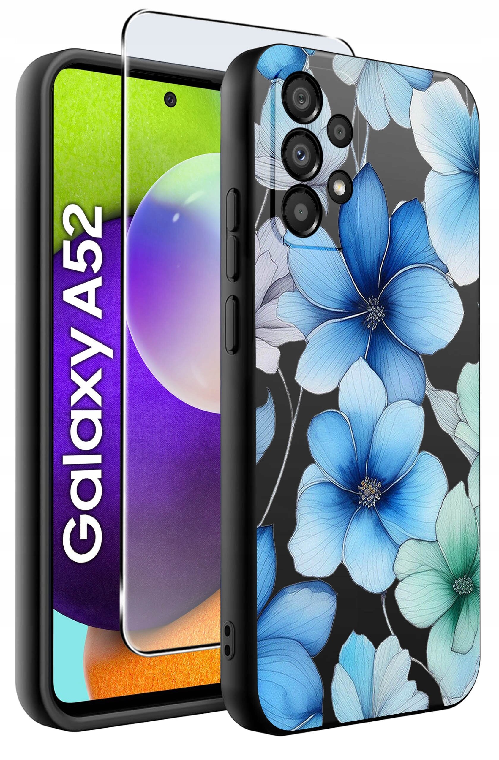 Etui na telefon z motywem niebieskich kwiatów, obok którego znajduje się szkło ochronne. Na ekranie telefonu widoczny jest napis \'Galaxy A52\'.