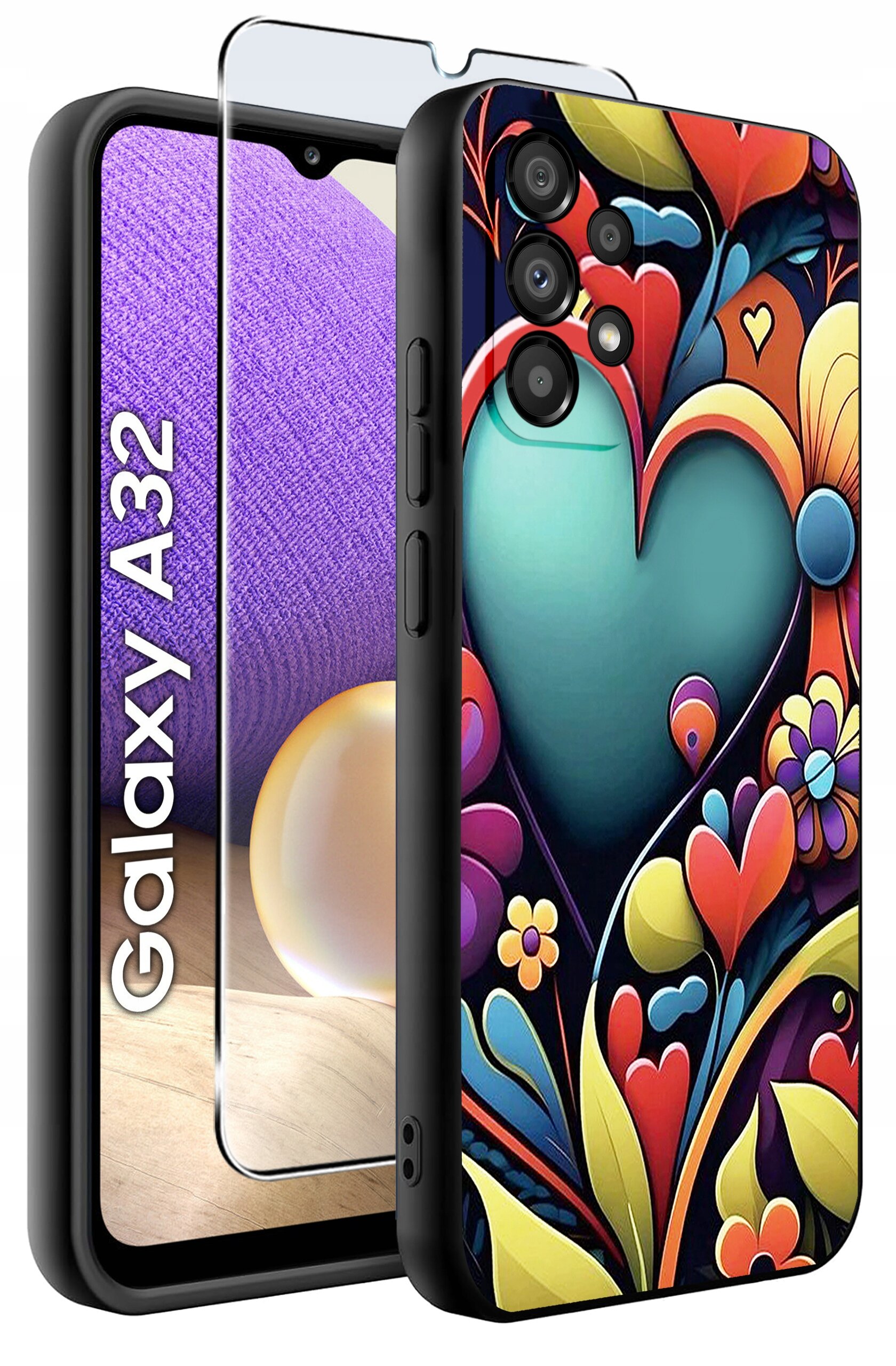 Etui na telefon z kolorowym wzorem serc i kwiatów oraz szkło ochronne na ekran. Obok widoczny jest napis \'Galaxy A32\'.