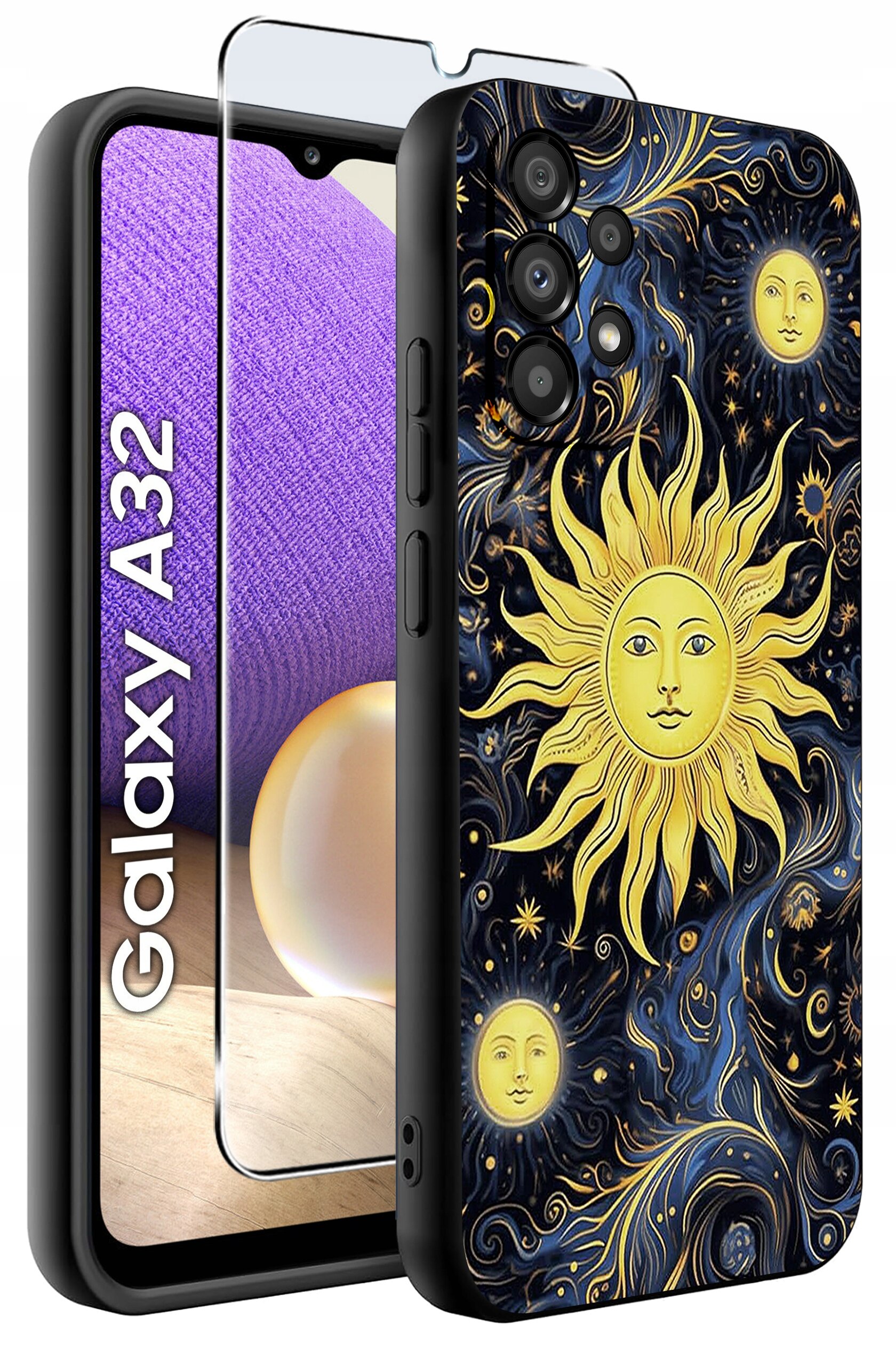 Obraz przedstawia etui na telefon z wzorem słońca i gwiazd na ciemnym tle oraz szkło ochronne. Obok widoczny jest napis \'Galaxy A32\'.