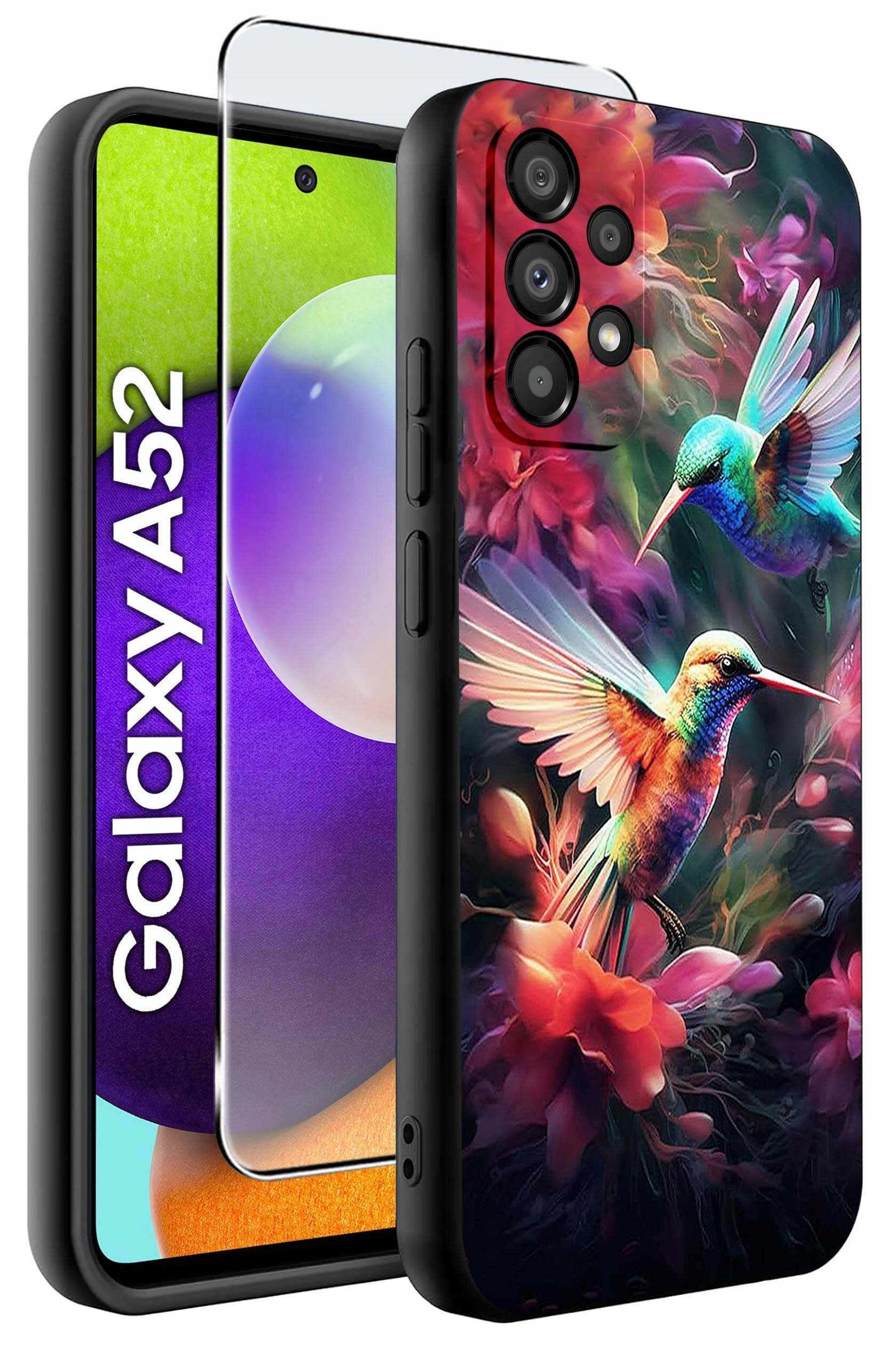 Etui na telefon z kolorowym wzorem przedstawiającym dwa kolibry wśród kwiatów. Obok widoczny jest napis \'Galaxy A52\' oraz szkło ochronne na ekran.