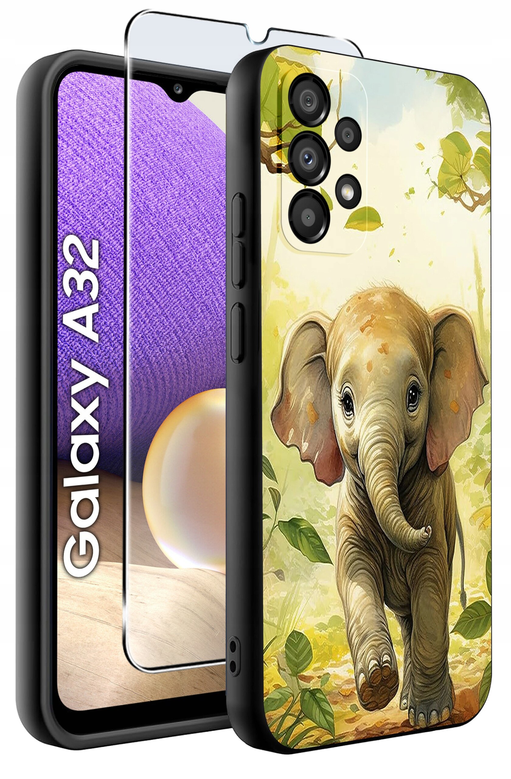 Etui na telefon z motywem słonia oraz szkło ochronne na ekran. Obok widoczny napis \'Galaxy A32\'.