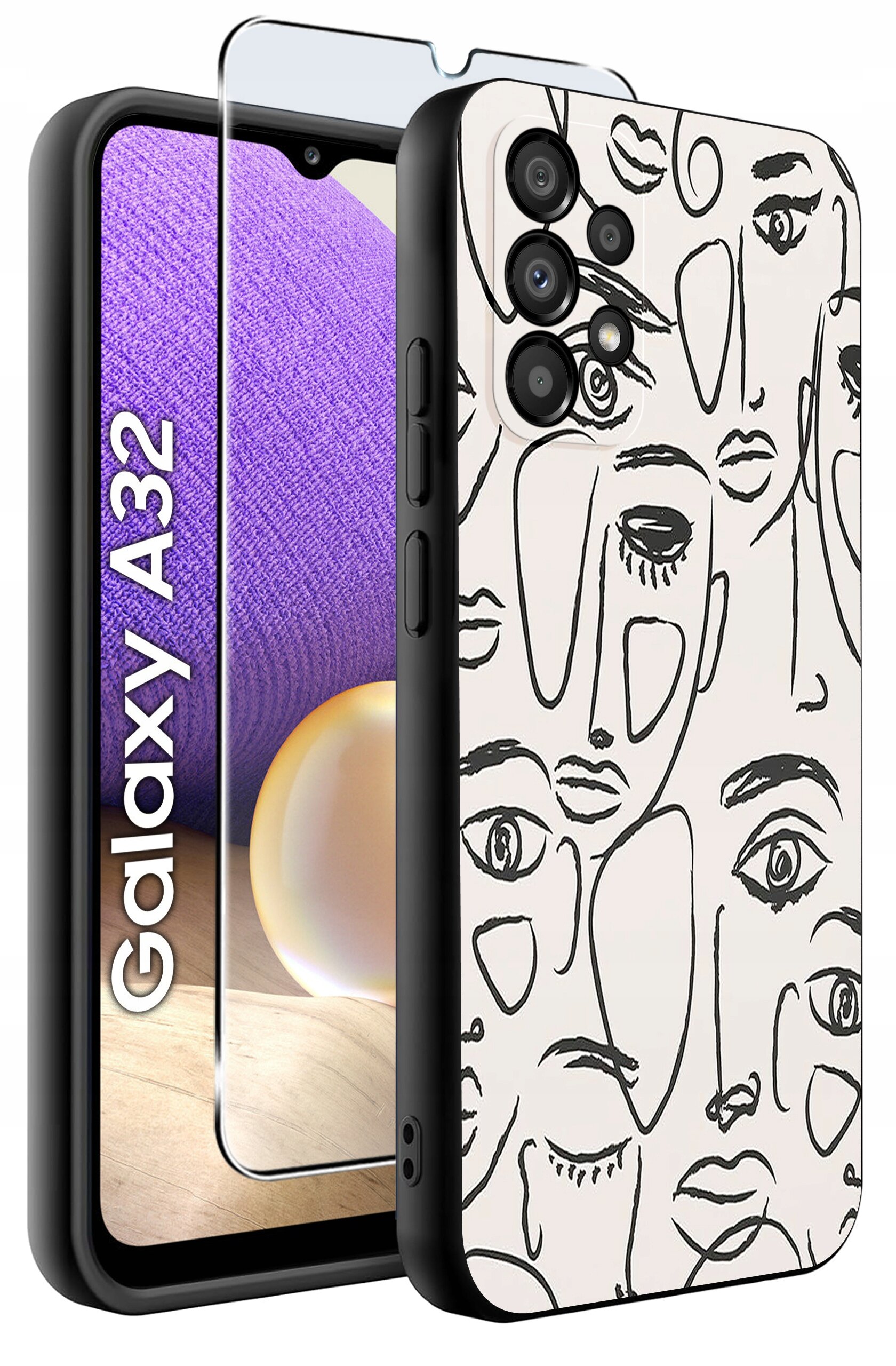 Obraz przedstawia etui na telefon z abstrakcyjnym wzorem twarzy oraz szkło ochronne. Na ekranie telefonu widoczny jest napis \'Galaxy A32\'.