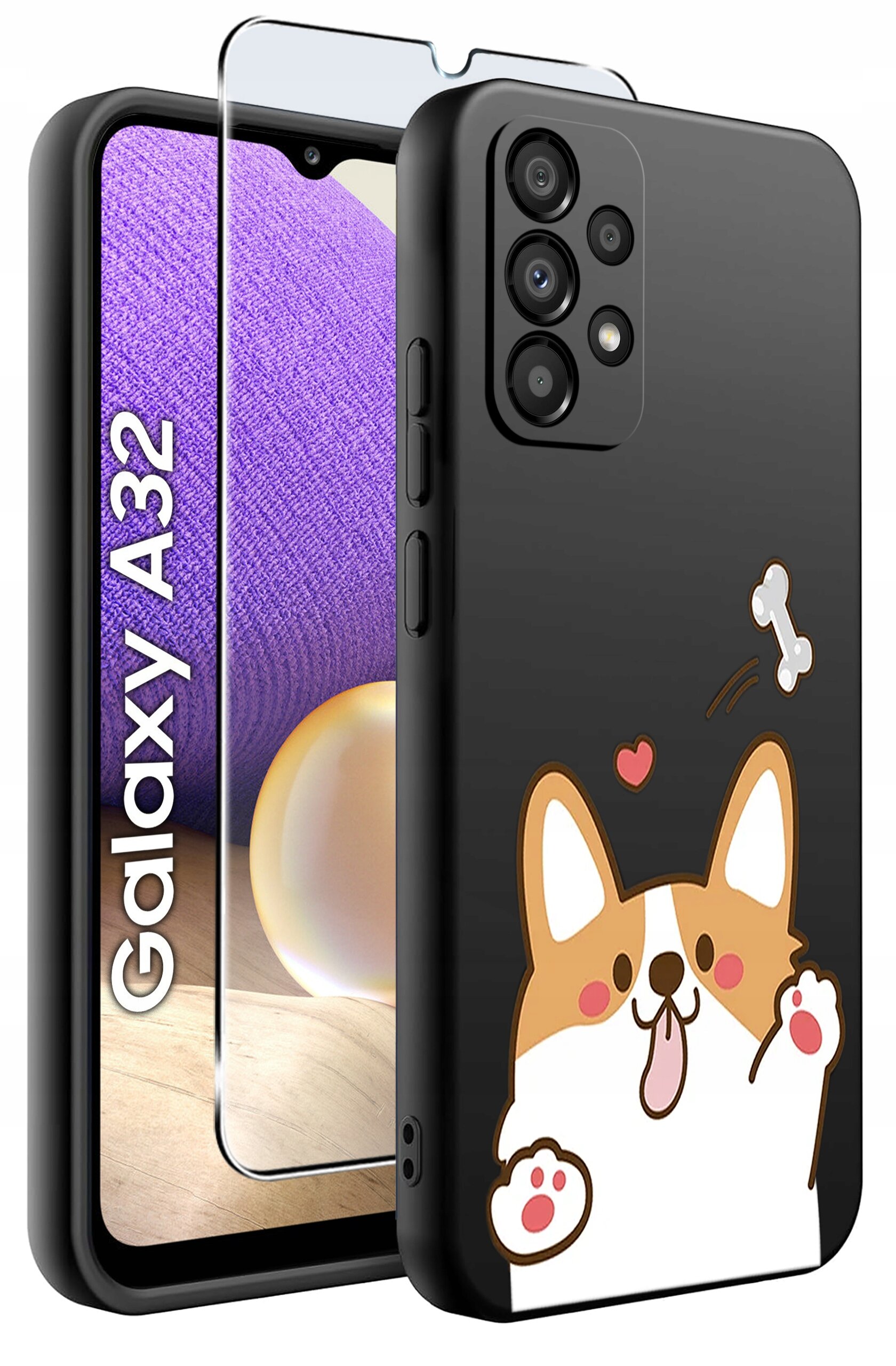 Na obrazie widoczne jest etui na telefon z grafiką przedstawiającą psa oraz szkło ochronne. Obok etui znajduje się telefon z napisem \'Galaxy A32\'.